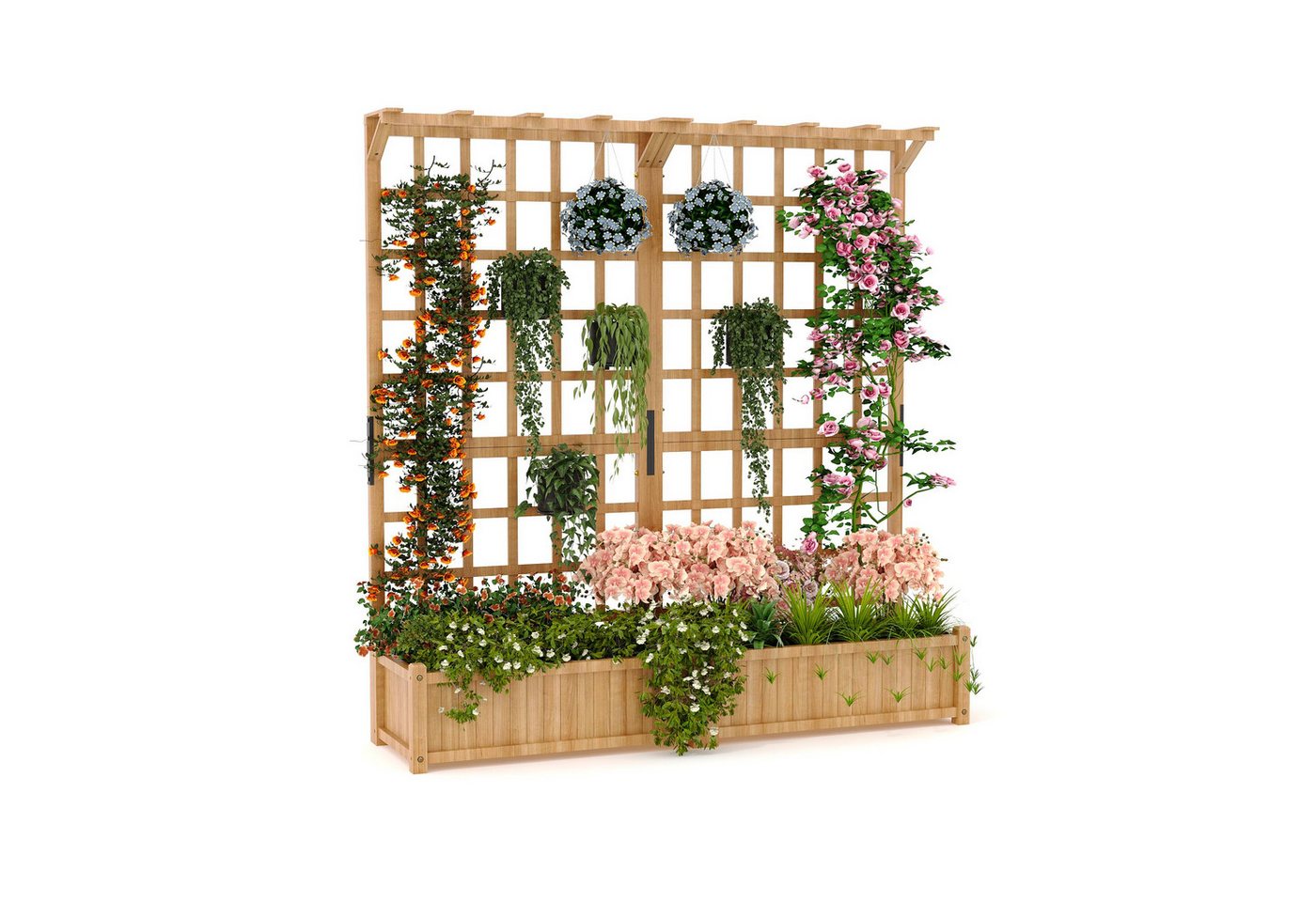 GarveeMore Hochbeet Holzpflanzkiste mit Spalier,mit hängendem Dach und Drainagelöchern, 120x160x40CM erhöhtes Hochbeet für Blumen und Gemüse