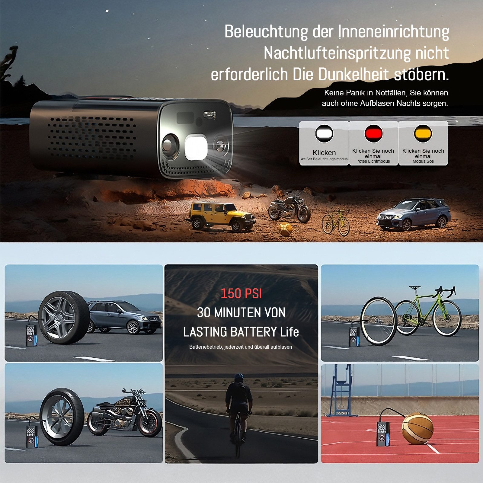 Fine Life Pro Akku-Luftpumpe Tragbare Luftpumpe Elektronisch 150PSI, Schnellaufpumpung Mit LED Lampe Akku Für Alle Reifen Und Sportgeräte