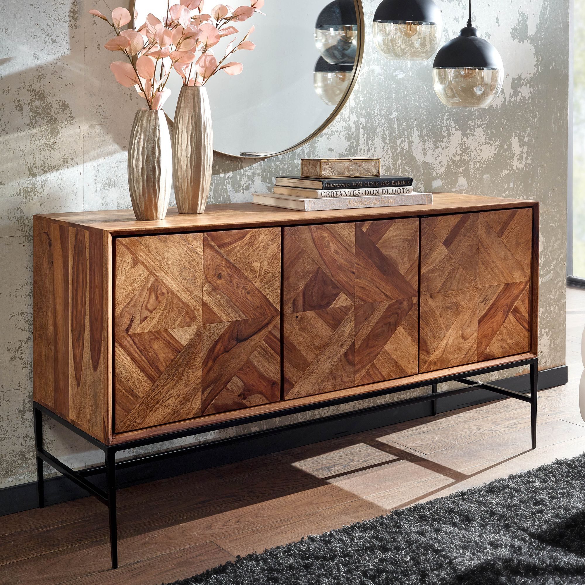 FINEBUY Sideboard FB79614 (123x70x45 cm Sheesham Massivholz, Anrichte Modern), Комодыschrank Wohnzimmer, Kommode mit Türen