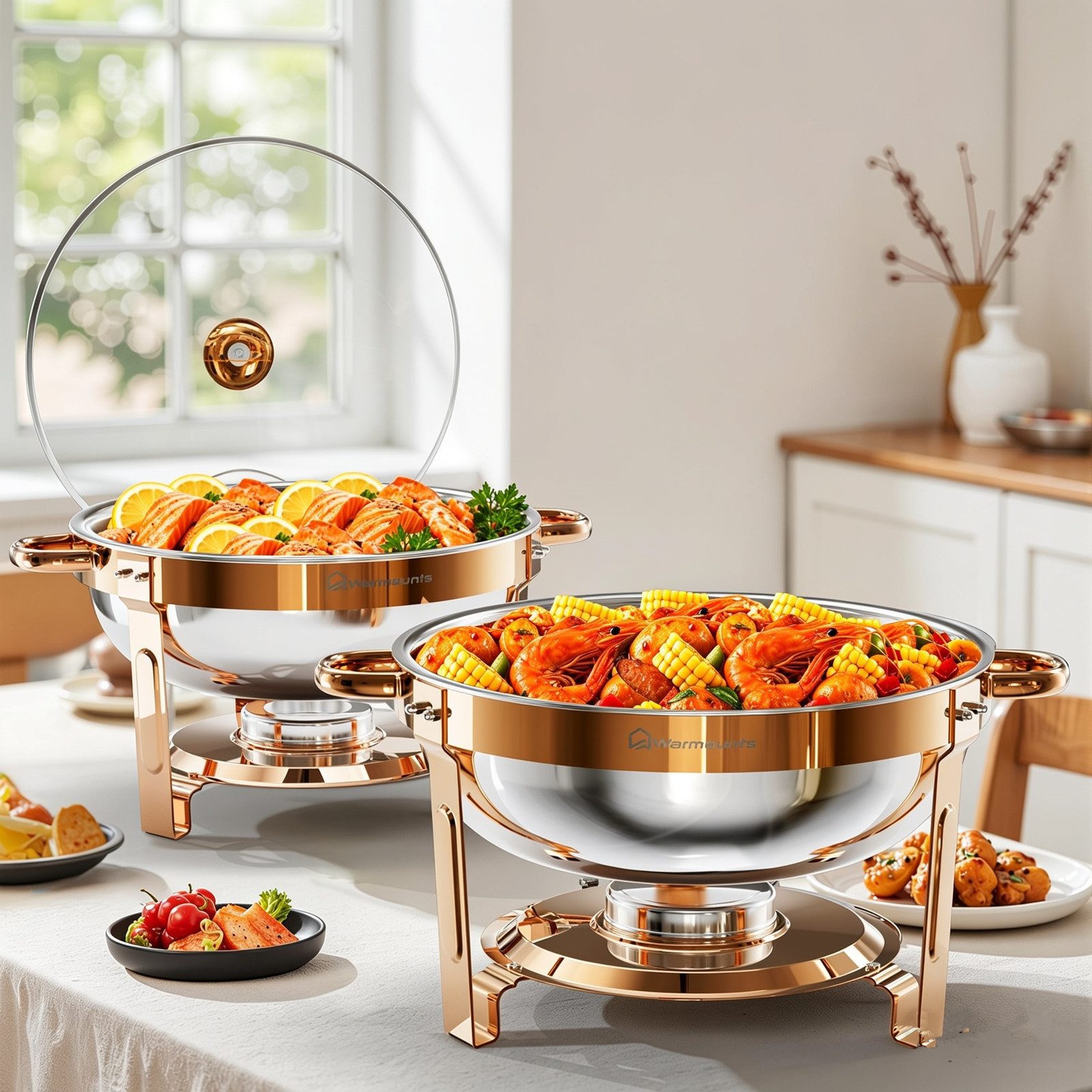 Warmounts Speisenwärmer, (2-tlg), Chafing Dish Speisenwärmer Set, rund, Edelstahl, Buffet Warmhalte-Set
