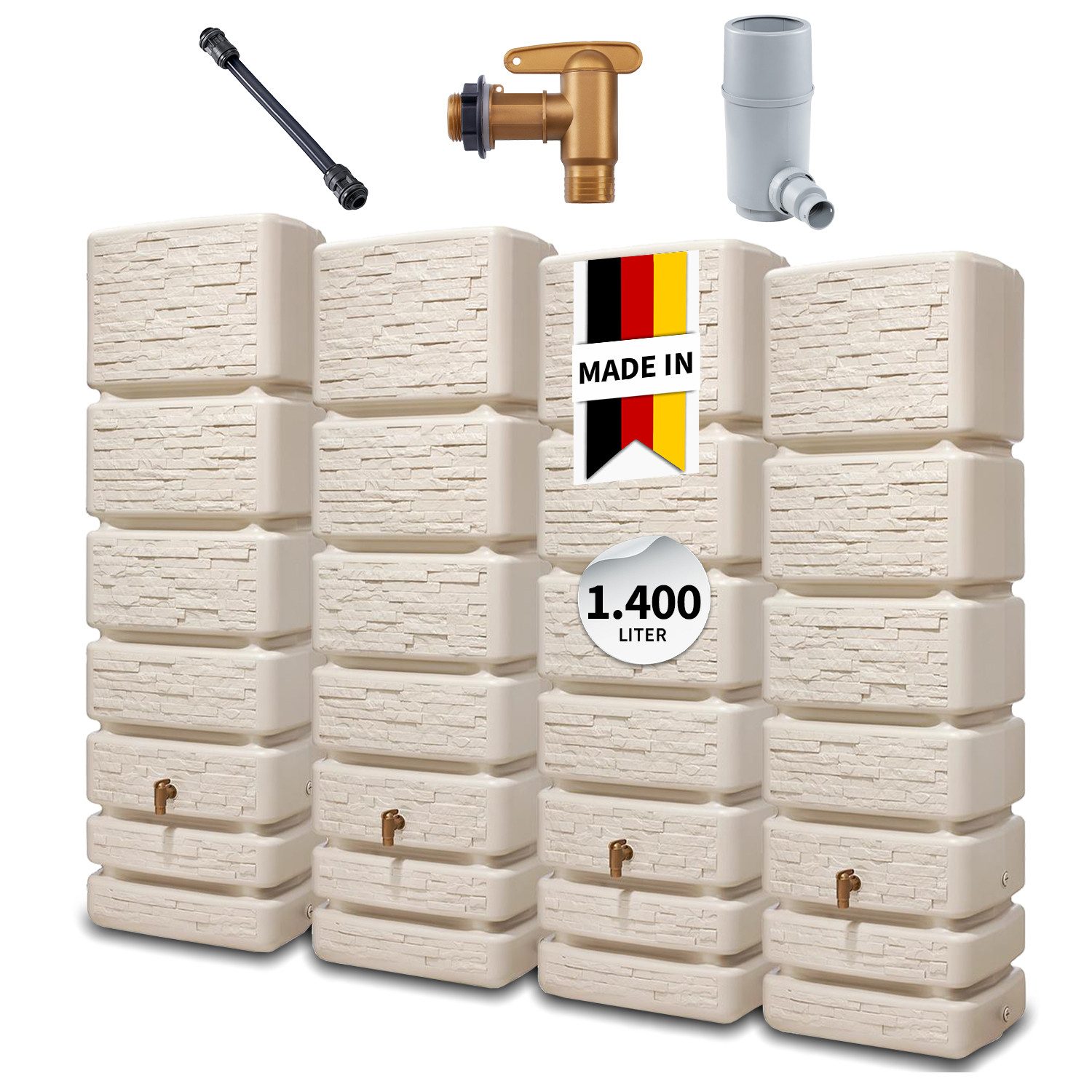 4rain Regentonne SLIM STONE DECOR Wandtank-Set 1400 Liter sandbeige