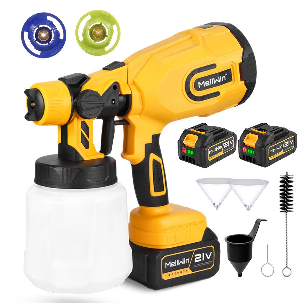 MELLWIN Farbsprühgerät Akku Farbsprühsystem 1200 ml HVLP Farbsprühgerät mit 2X Akkus, (1-tlg), 3 Düsen, für Gartenzaun,Wände,Möbel,Decke
