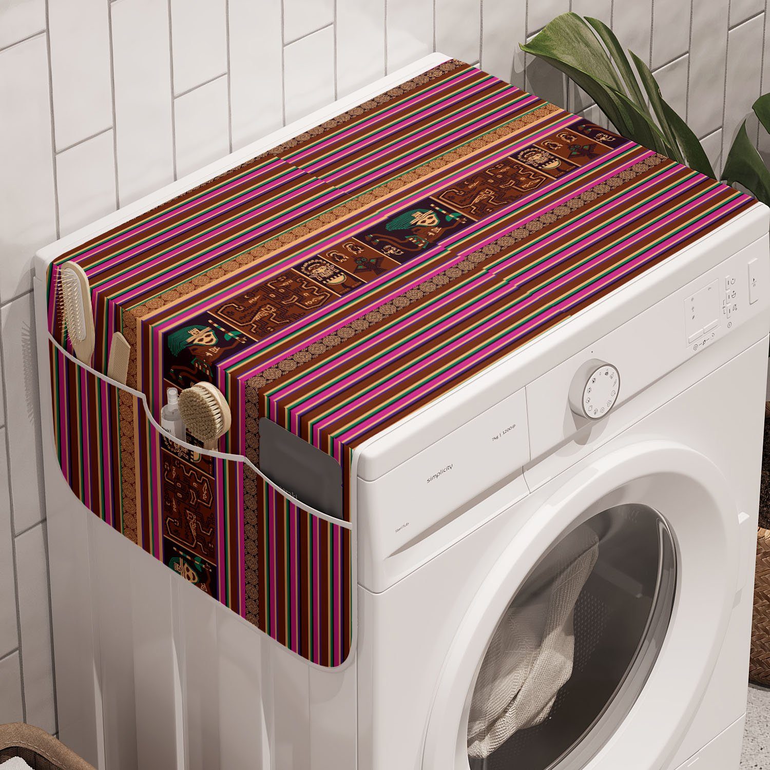 und Waschmaschine Trockner, Ethnisch Anti-Rutsch-Stoffabdeckung Abakuhaus Motive Badorganizer für Stripes Folk