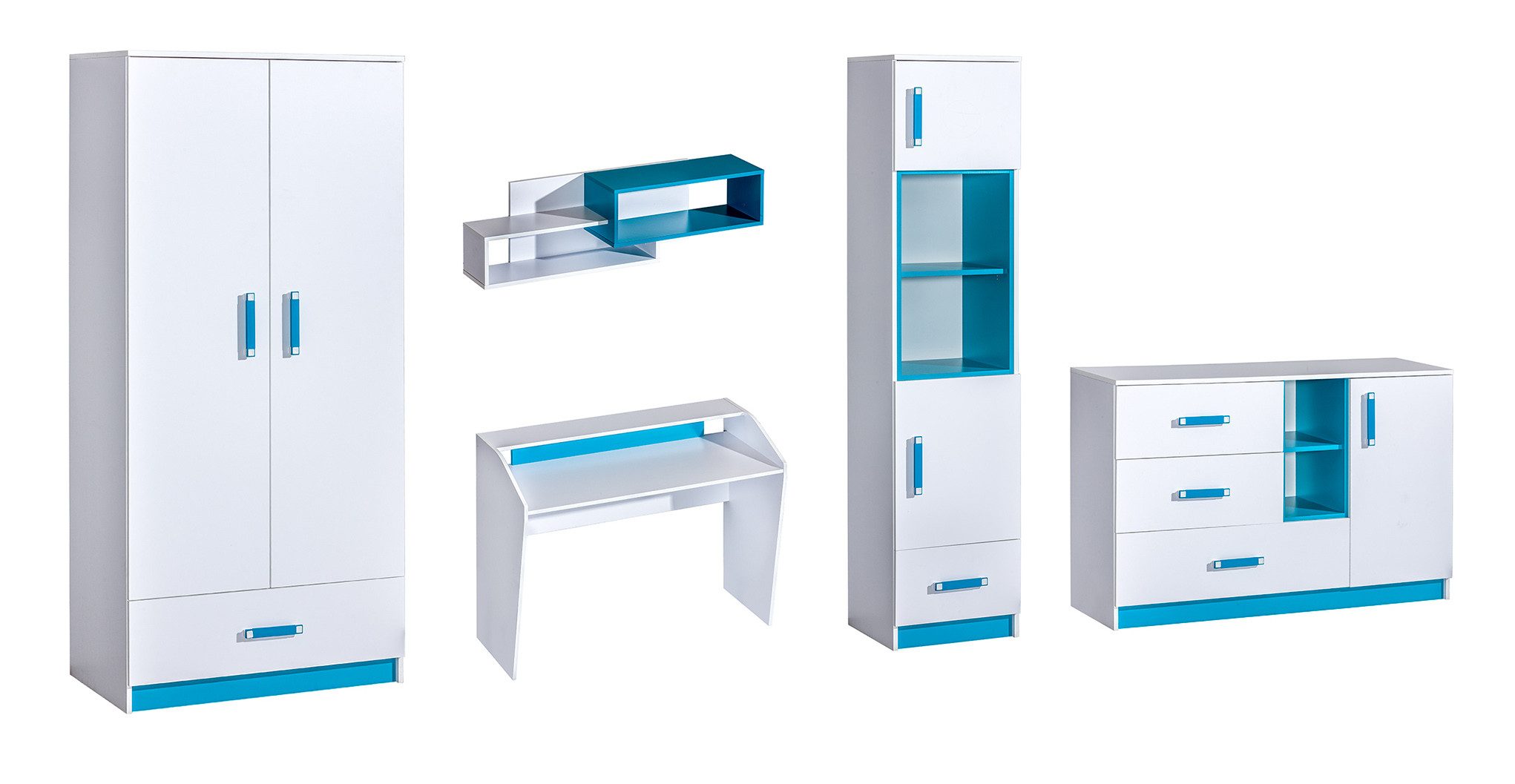 Feldmann-Wohnen Jugendzimmer-Set Trafiko, (1 Schreibtisch dekorativen farblichen Absetzungen, 1 Kleiderschrank, 1 Stauraumschrank, 1 Wandregal, 1 Sideboard), 505cm weiß/türkis 5-teilig