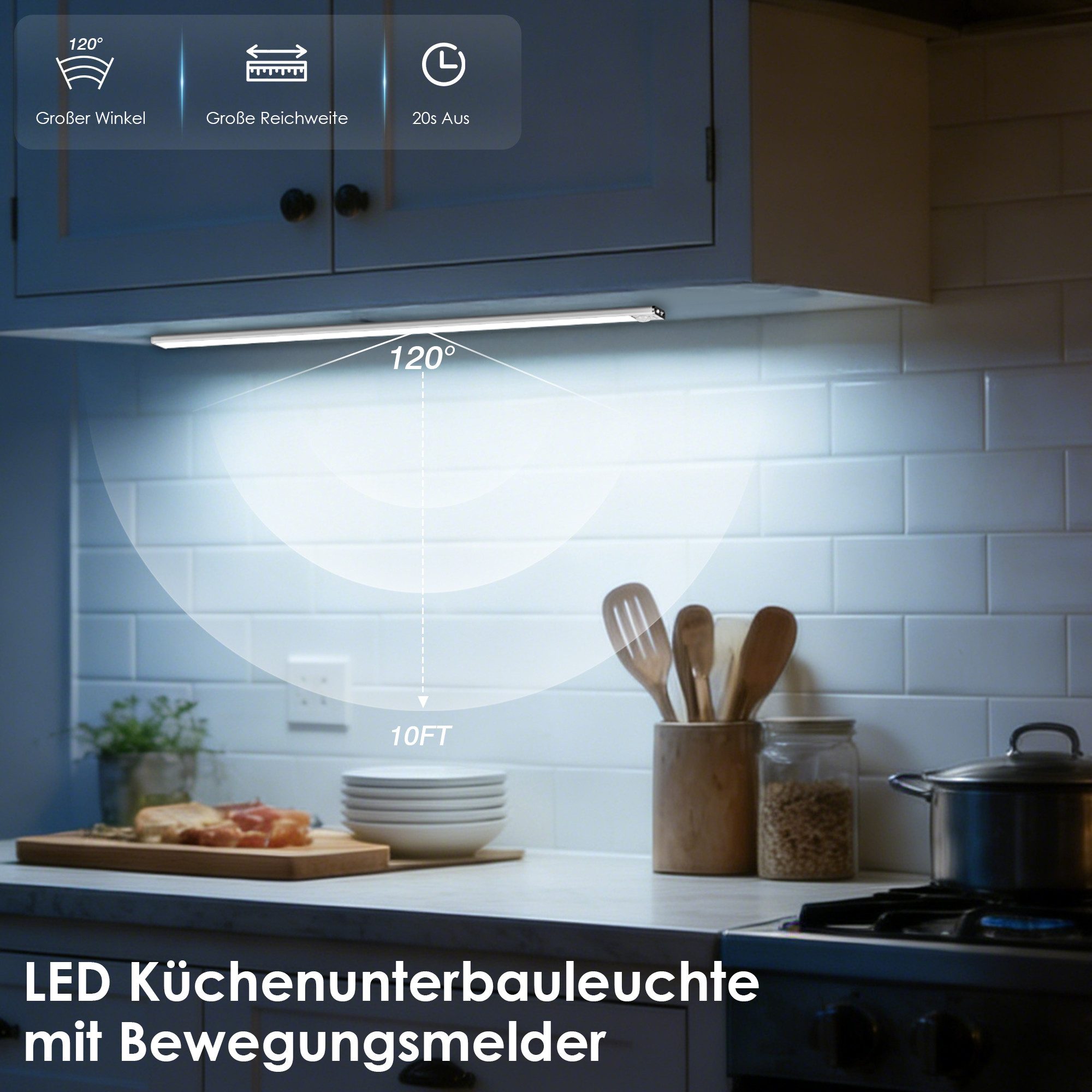Lujasi LED Unterbauleuchte 30/40/60cm Unterbauleuchte Küche LED, – 2er Set Schrankbeleuchtung, Integrierter Akku, LED fest integriert, nicht austauschbar, 5V/1A, 120°/3m, Kabellos, KaltweiB, NeutralweiB, WarmweiB, mit Bewegungsmelder Fernbedienung, USB-C, Magnetische Lichtleiste