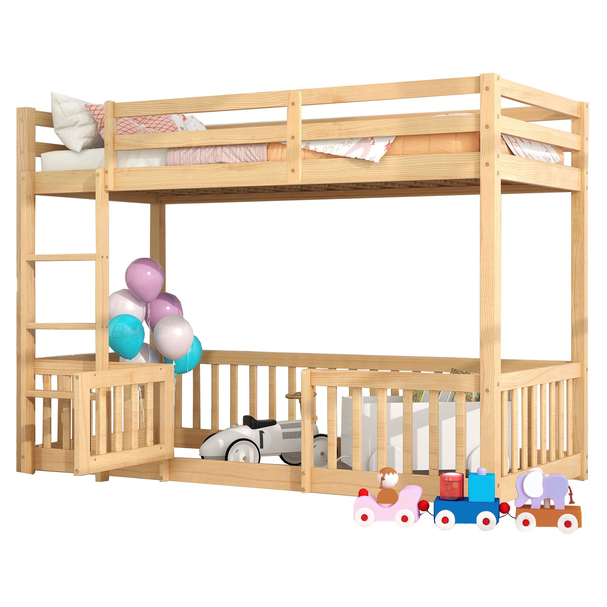 Etagenbett 90x200cm mit Treppe und Zäune, Türchen und Gestaltungsraum
