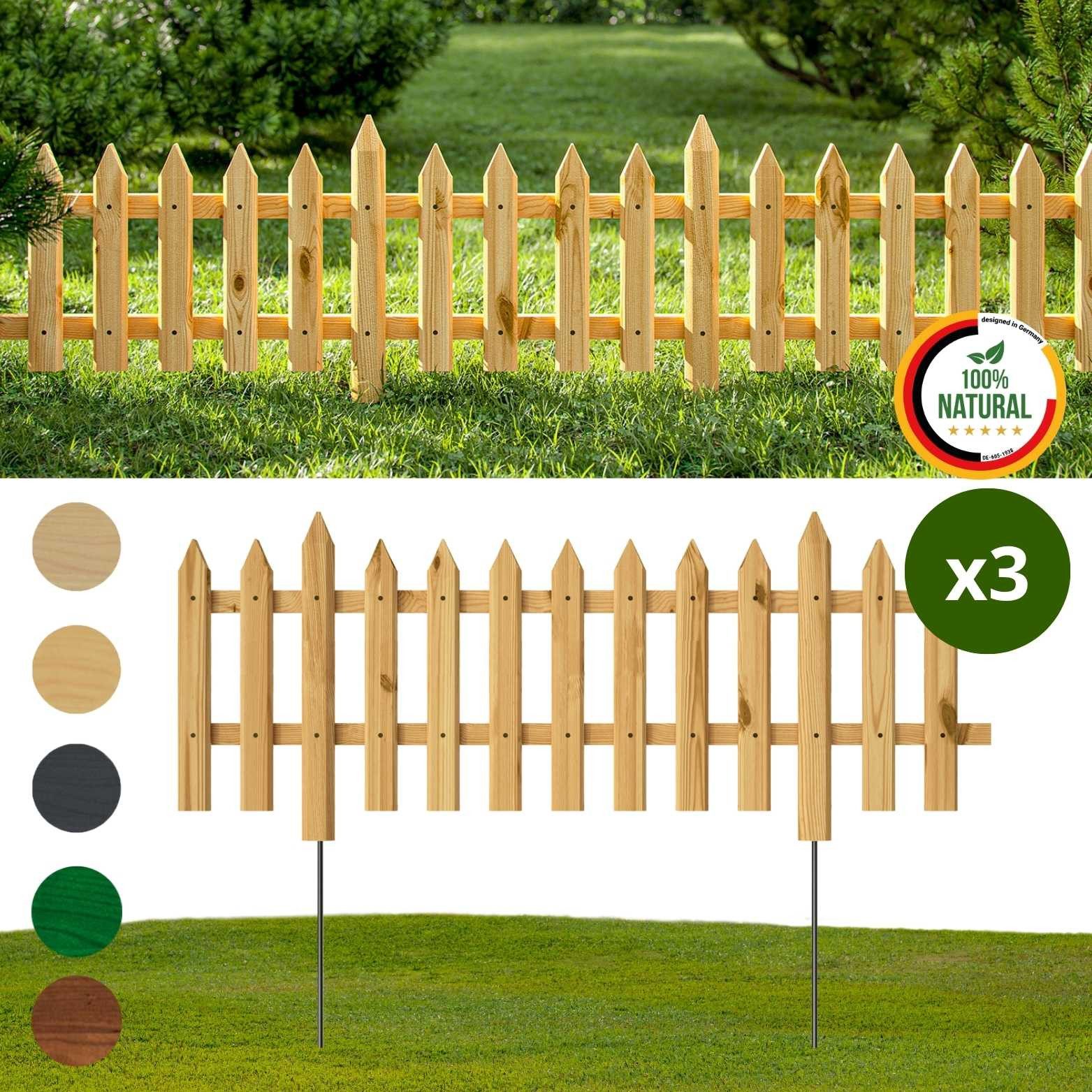 Floranica Zierzaun Vorgartenzaun Steckzaun Gartenzaun Zierzaun Lattenzaun Friesenzaun, (30 x 100 cm, 3-St., Natur), Blummen Beeten Zaun aus Holz mit Metalpfosten, Beetabgrenzung