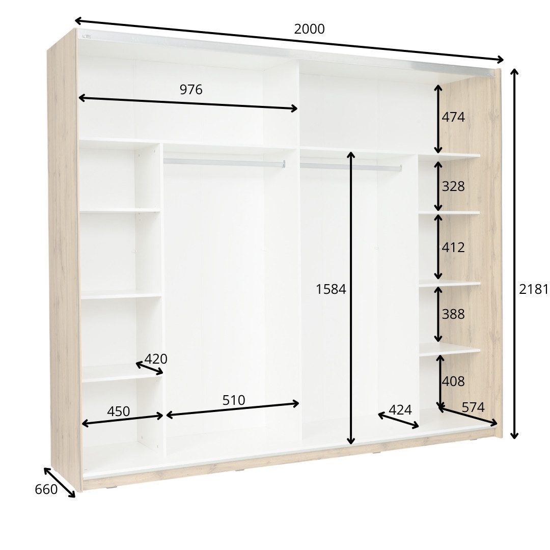 OTTO home Kleiderschrank Fabellaa mit Spiegel, 8 Einlegeböden und 2 Kleiderstange Garderobe mit 2 Schwebetüren und Spiegel, BxHxT 200x218x66,5 cm – Bild 4 von 4