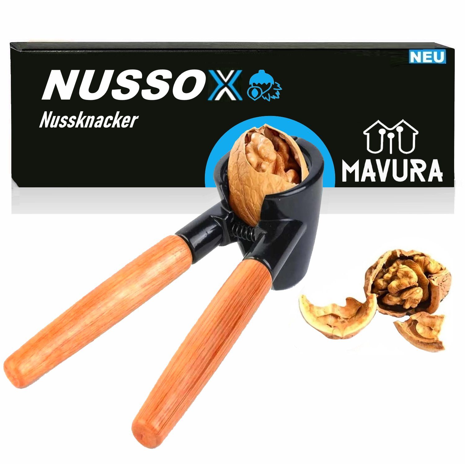 MAVURA Nussknacker NUSSOX Nusszange Knacker Haselnuss u.v.m. Nuss Nussbrecher Walnüsse Holzgriff mit Mandeln edlem Walnuss Nussöffner Sektzange für