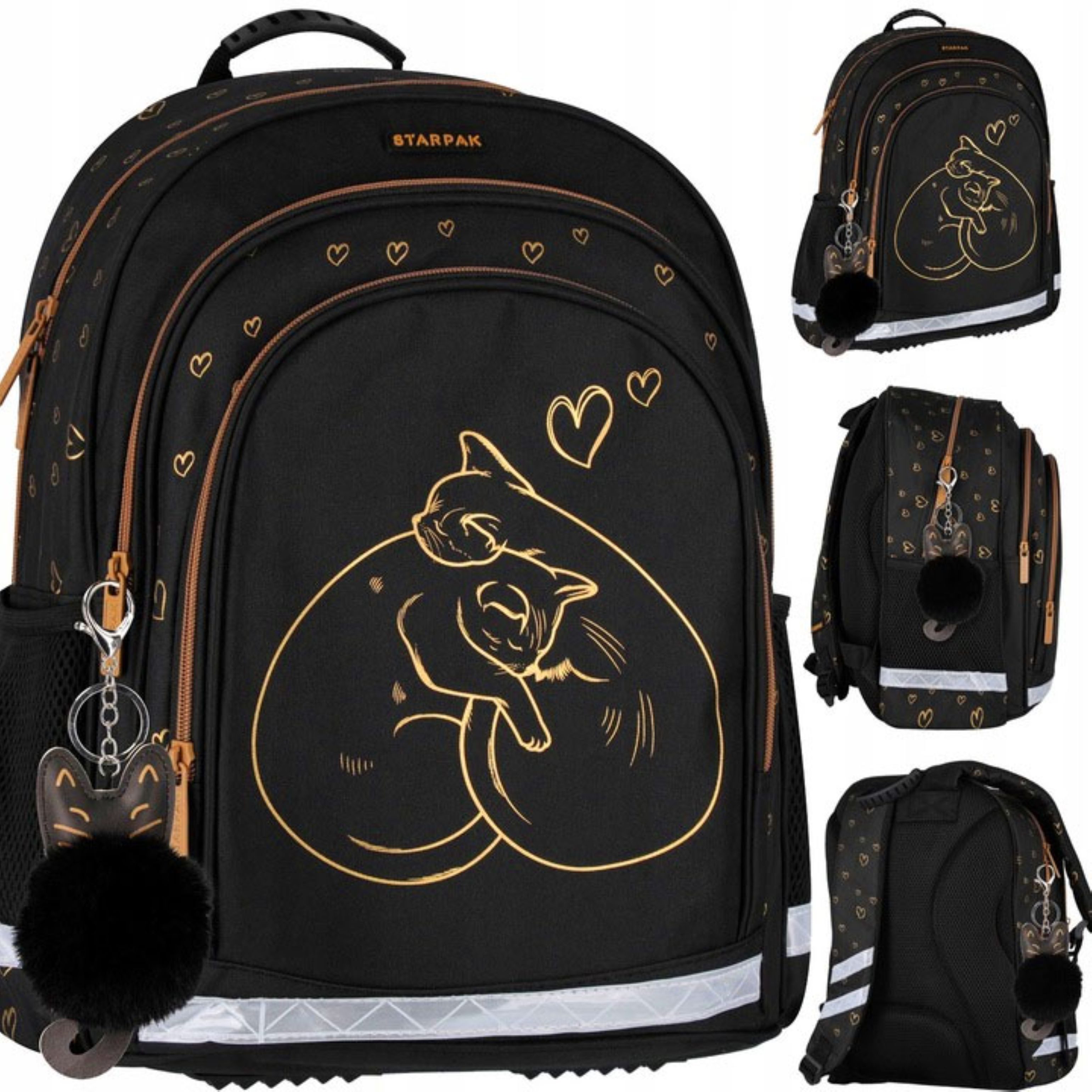 Starpak Schulrucksack Starpak Schulrucksack Mädchen Schwarz Gold Katze Klasse 1-3 (1-tlg)