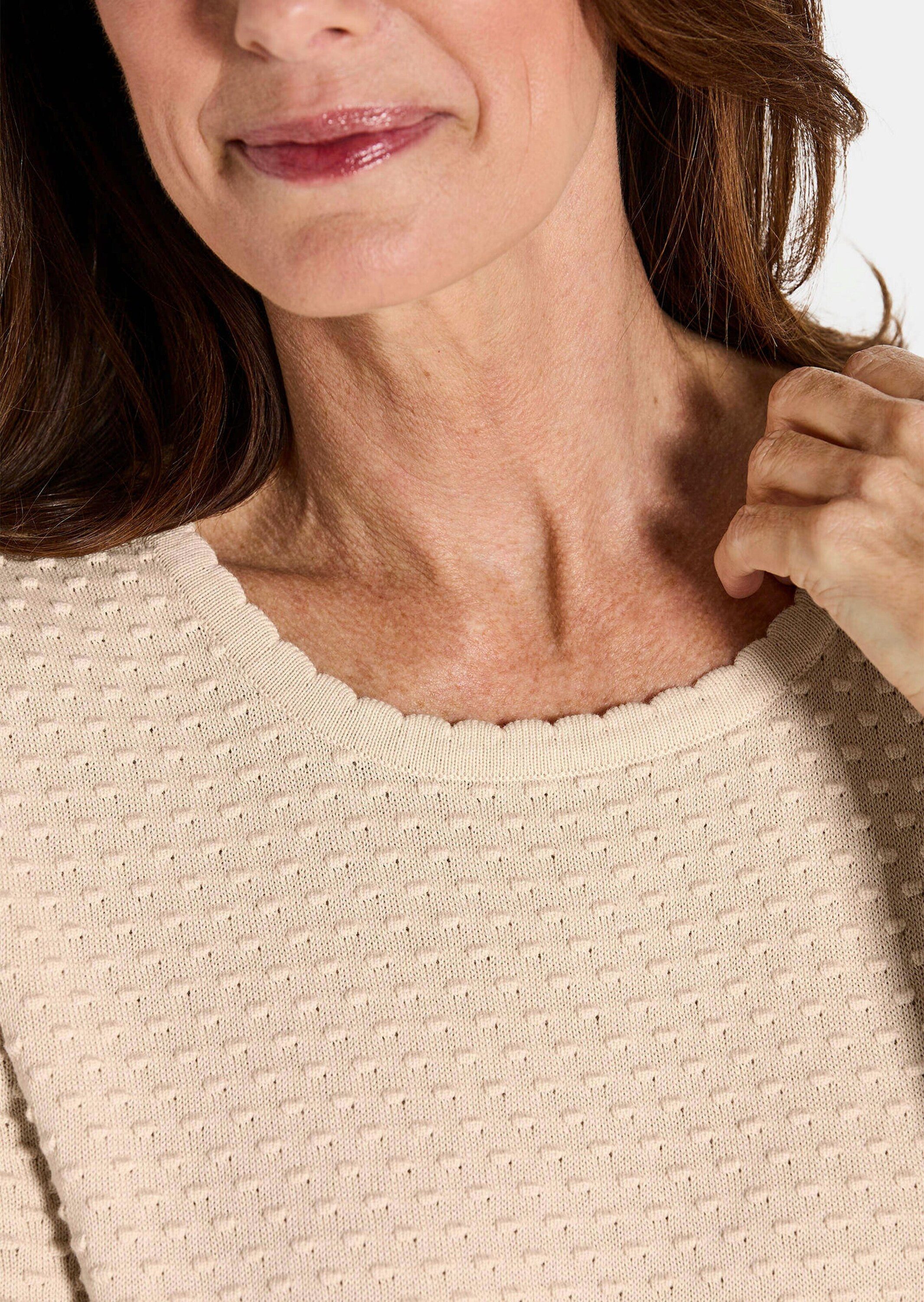 GOLDNER Strickpullover Halbarm Strickshirt mit Rundhals Feinstrickpullover mit gebogten Kanten, aus reiner Baumwolle