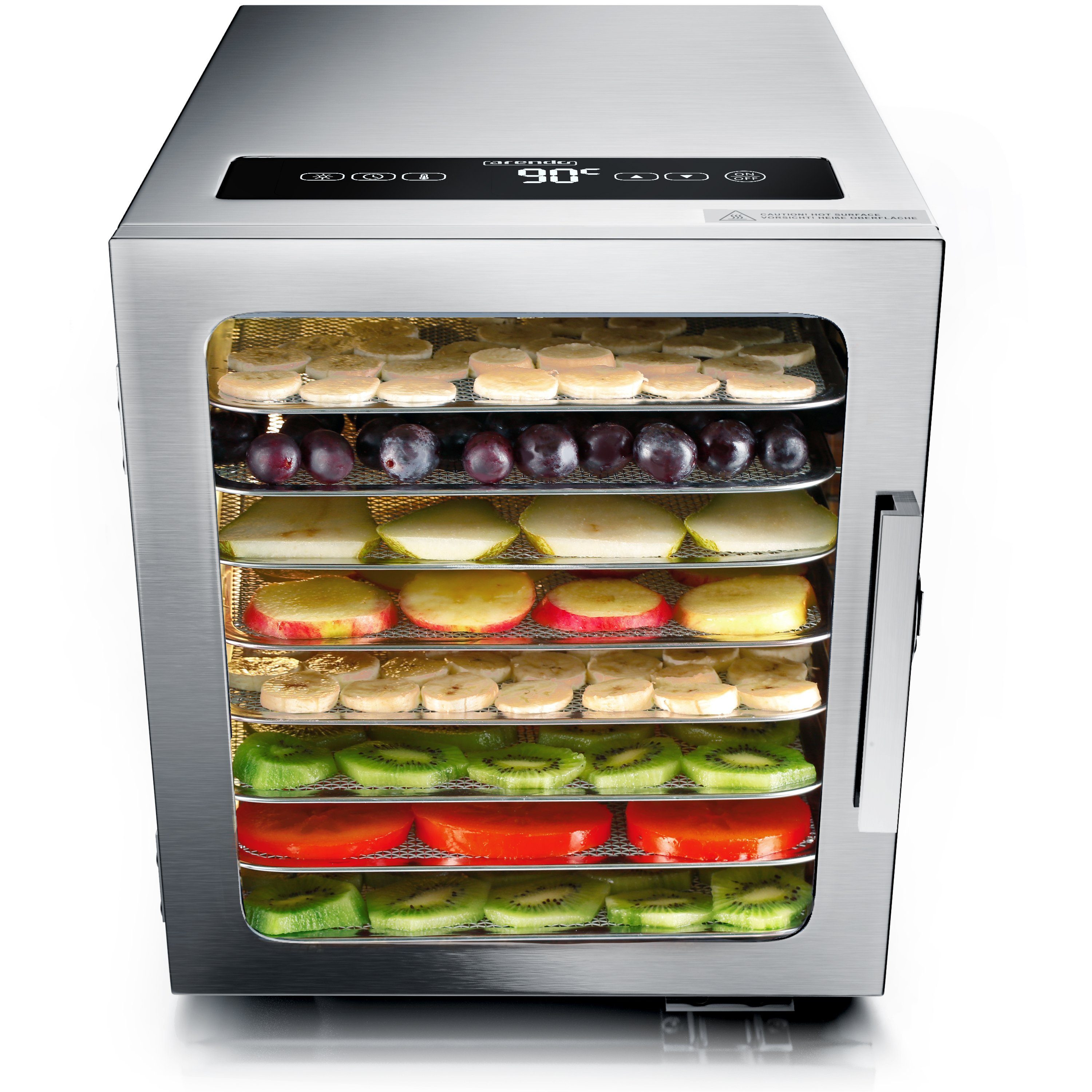 Arendo Dörrautomat 8 Etagen, 35-70°C, Edelstahl, mit Temperaturregler, Dörrgerät 500 W, 8 Etagen, Timer 24h, für Obst/Fleisch/Pilze, BPA-frei, GS, 8 Einlegefächer