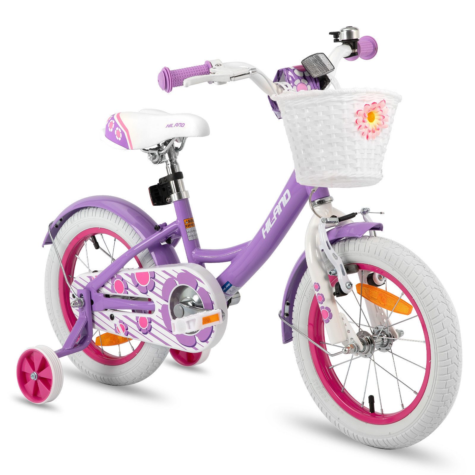 HILAND Kinderfahrrad Petal 12/14/16 Zoll Mädchenfahrrad, Kinderfahrrad für Mädchen, mit Korb und Stützrädern, Kotflügel, Hilfsrad, Fahrradklingel