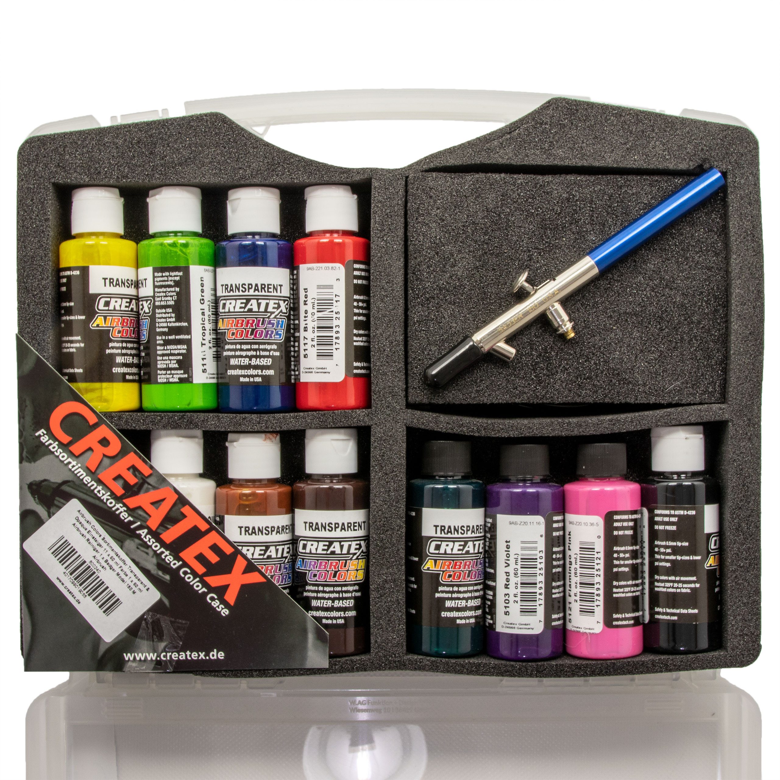Createx Colors Airbrush-Kompressor Badger 150M + Createx Farben Transparent & Opaque Airbrushkoffer