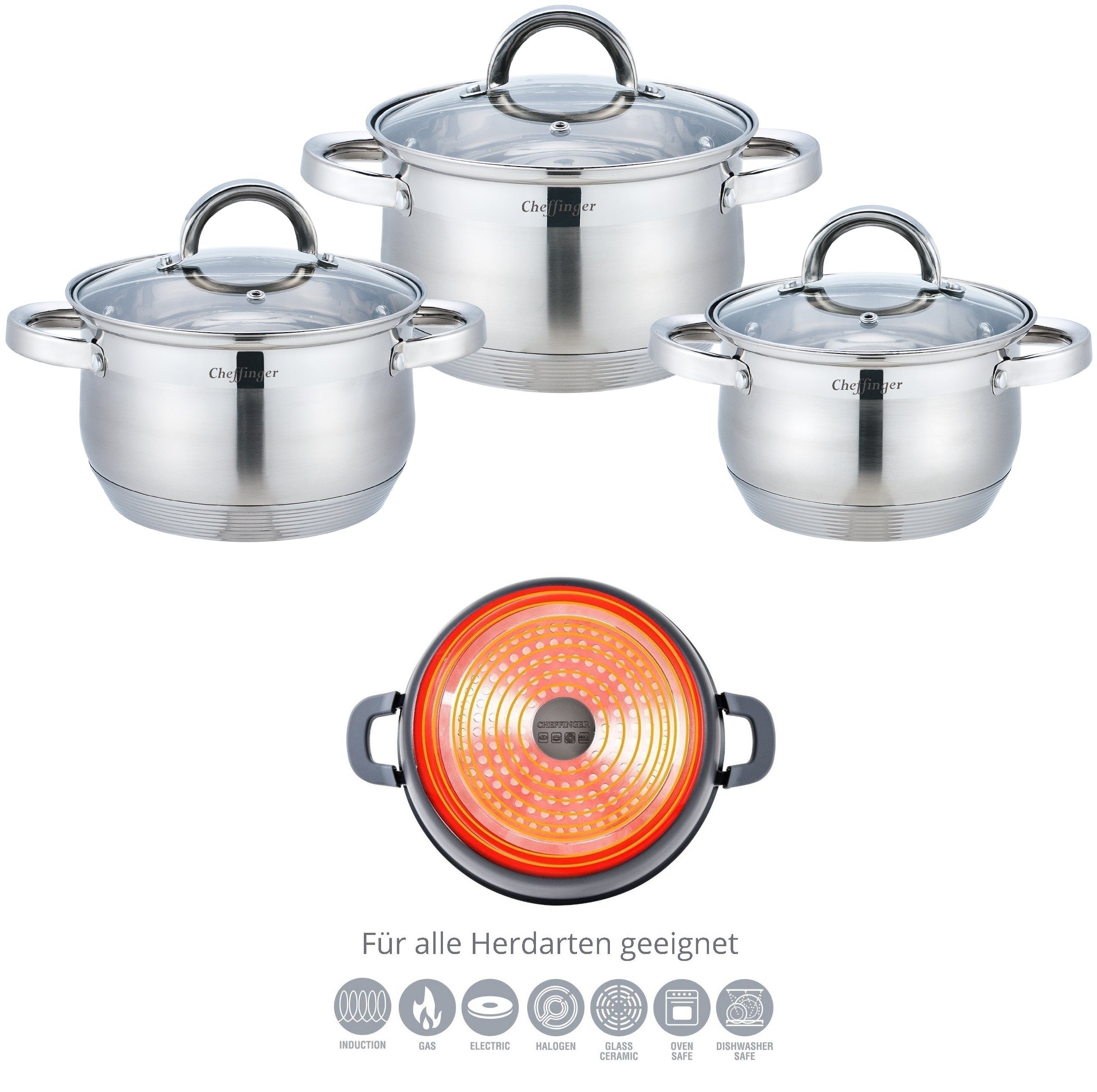 6tlg Rungassi Induktion Edelstahl Topf-Set Rostfrei SS6, Kochgeschirr Edelstahl Deckel Topf-Set