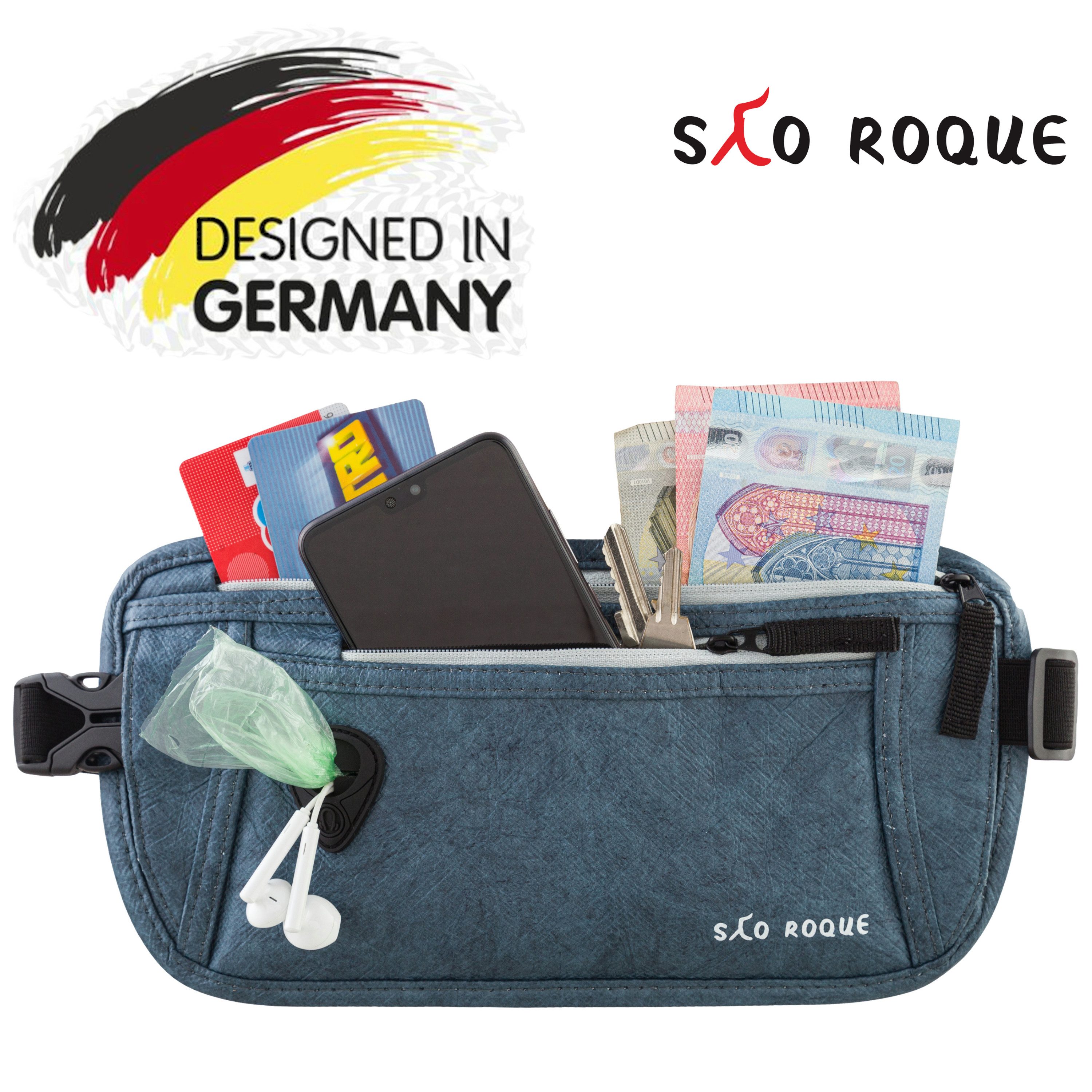 SAO ROQUE Bauchtasche Flache Damen Herren Bauchtasche, Diebstahlsicher RFID Schutz, Vegan, ultraflach, schweiß- und wasserfest, ultraleicht