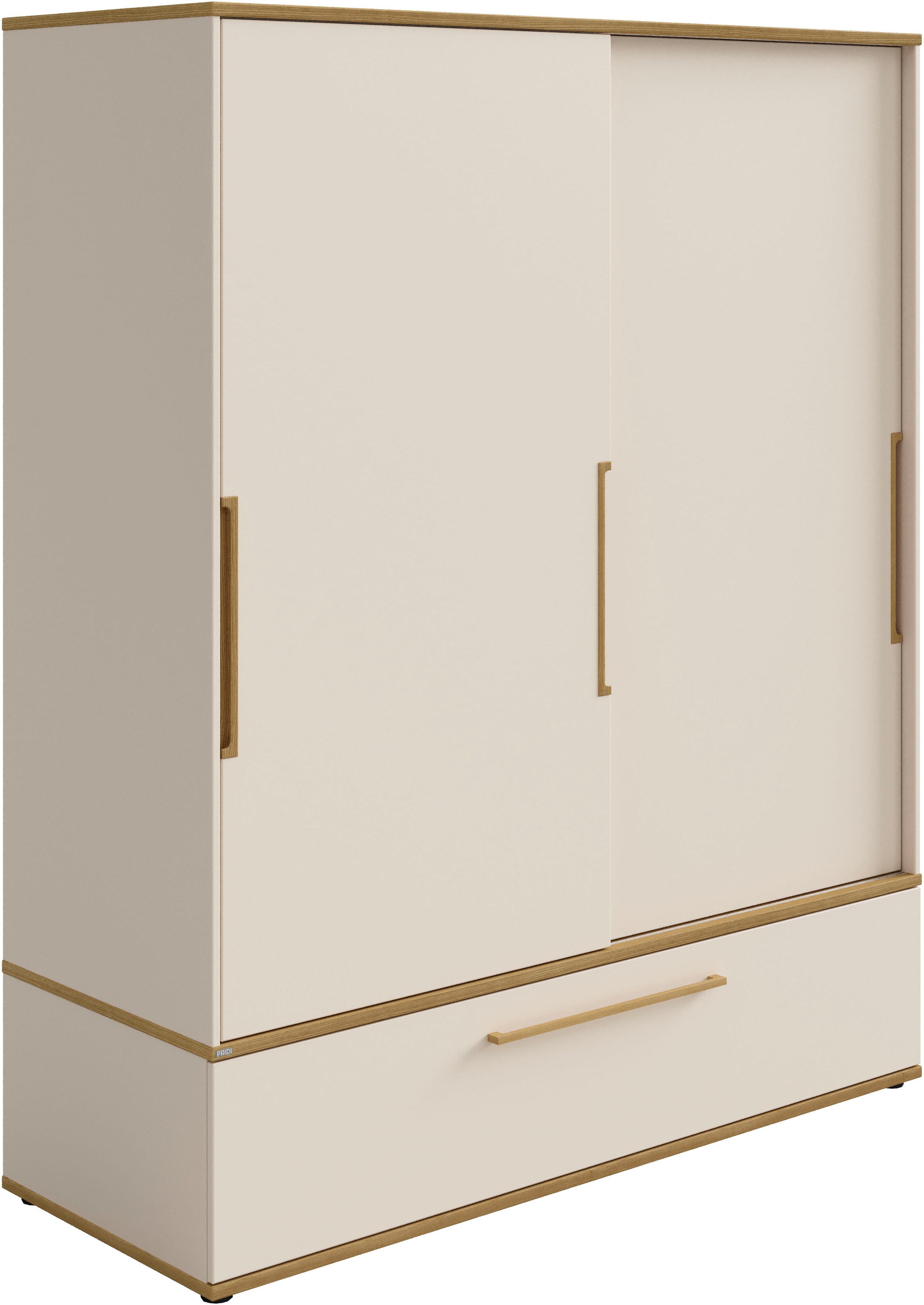 PAIDI Schiebetürenschrank STIENE in Beige oder Grau, 2 Türen und 1 Schublade mit Soft-Close (B/H/T ca. 164/200/62cm) mit Kleiderstangen+Einlegeböden, Kleiderschrank mit Massivholzgriffen