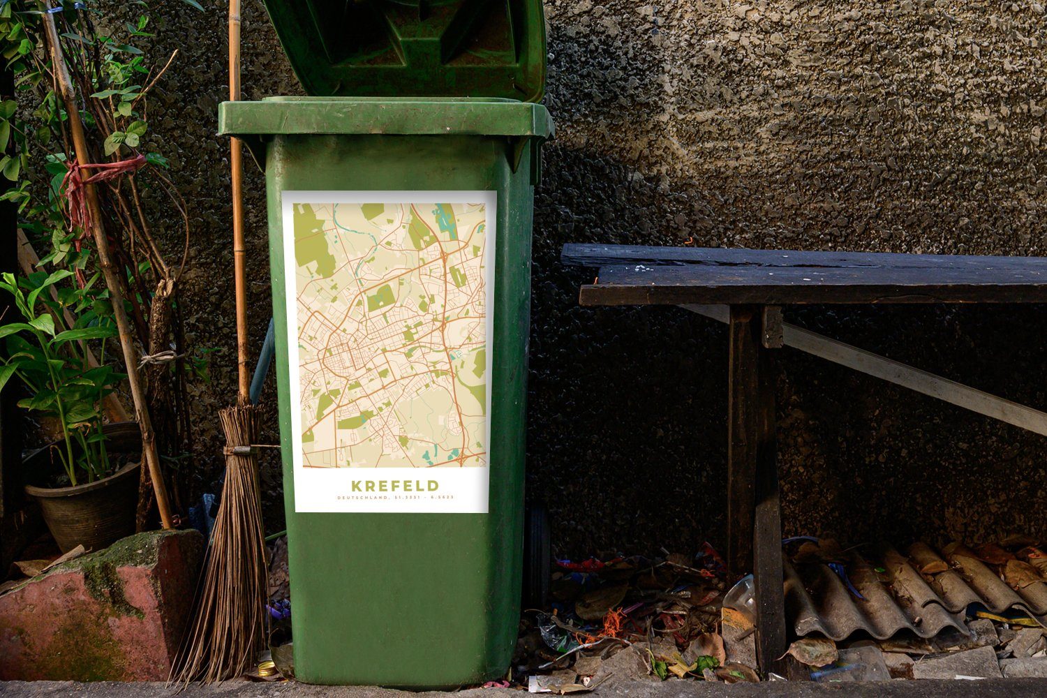 Abfalbehälter Karte - Krefeld St), Container, (1 Sticker, Vintage - MuchoWow Stadtplan - Mülltonne, Wandsticker Mülleimer-aufkleber,