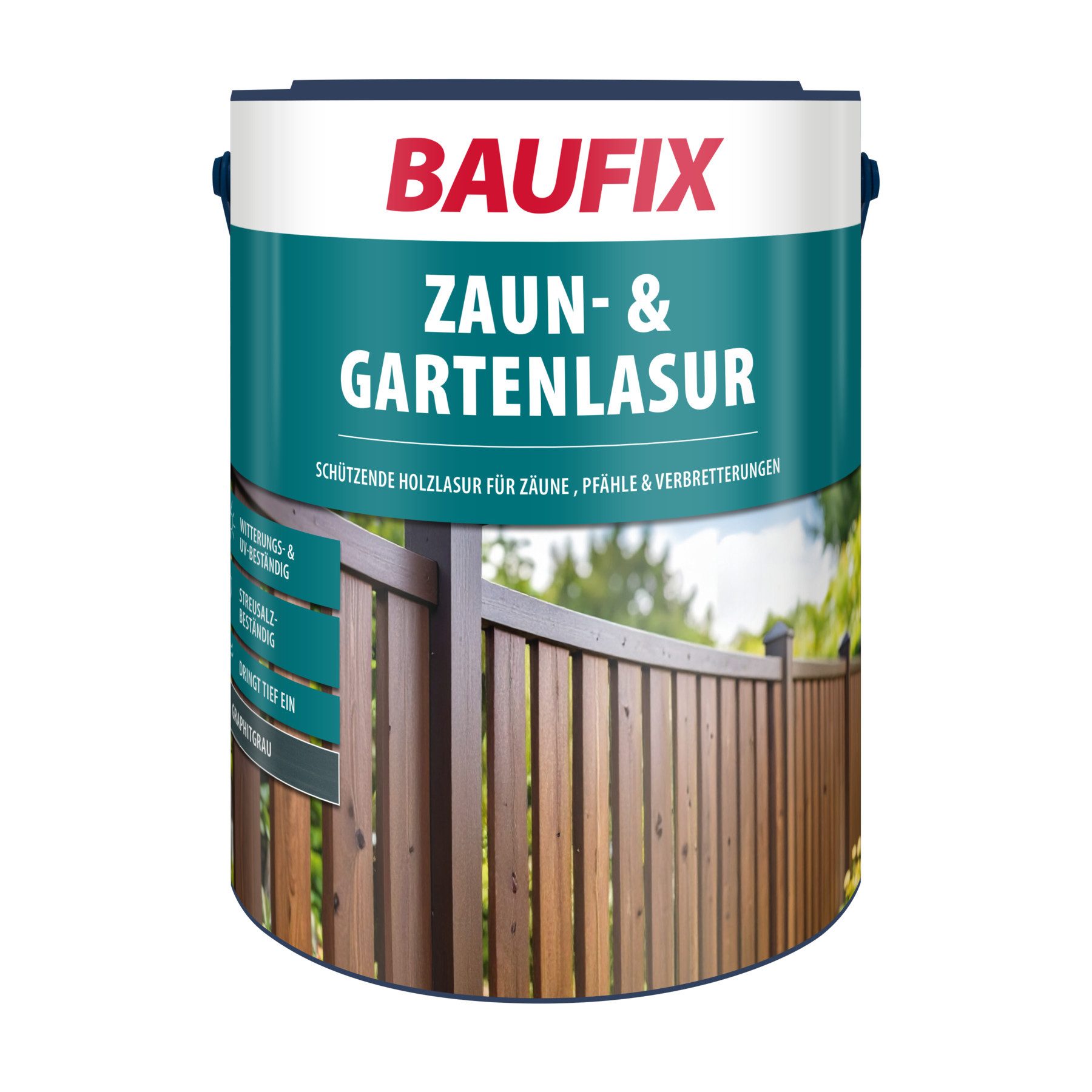 Baufix Holzschutzlasur Zaun & Gartenlasur seidenglänzend, 5 Liter für ca. 50 m², Holzlasur für innen & außen, Verkleidungen, Carports & Fachwerk