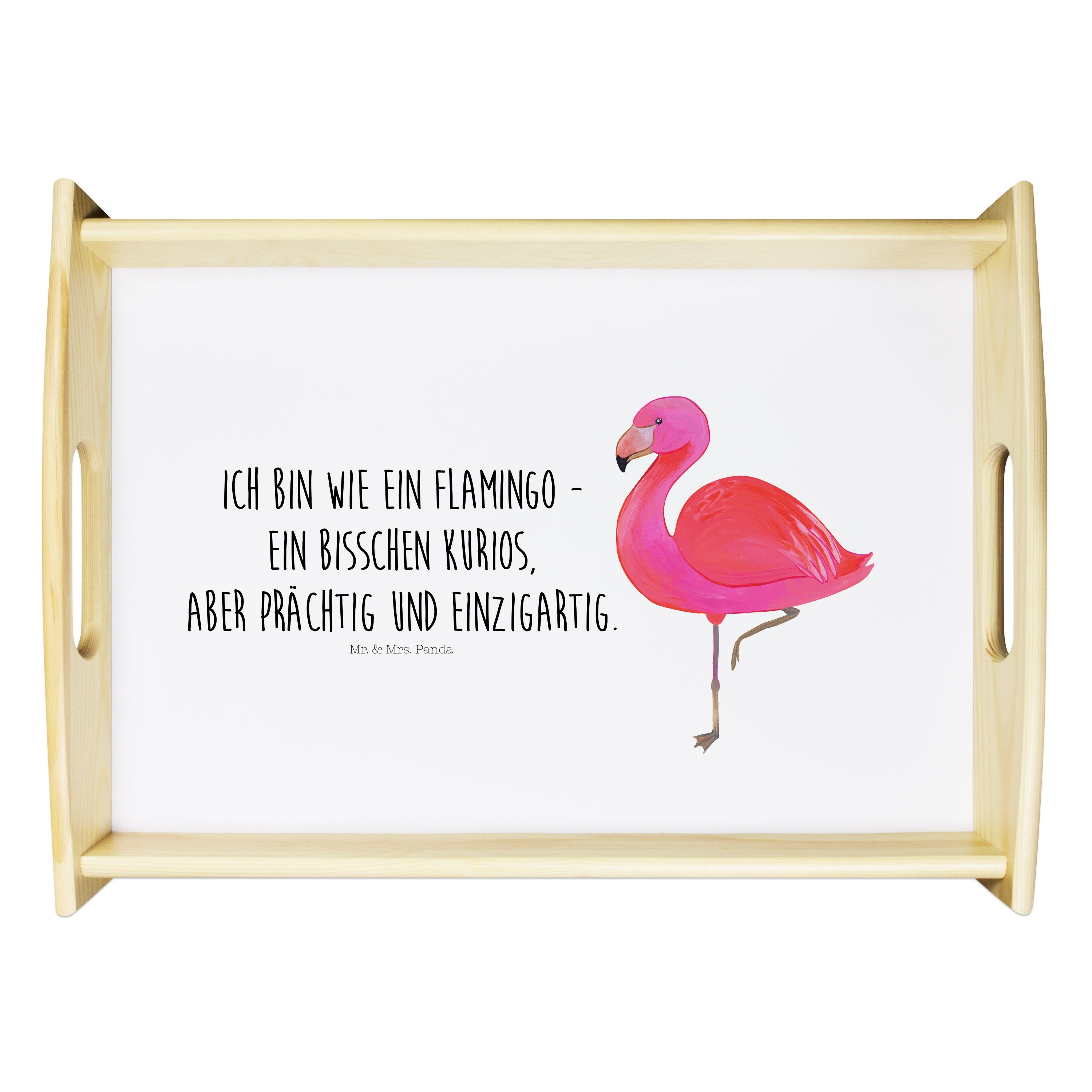 Mr. & Mrs. Panda Tablett Flamingo classic - Weiß - Geschenk, für mich, Dekotablett, stolz, Spr, Echtholz lasiert, (1-tlg)