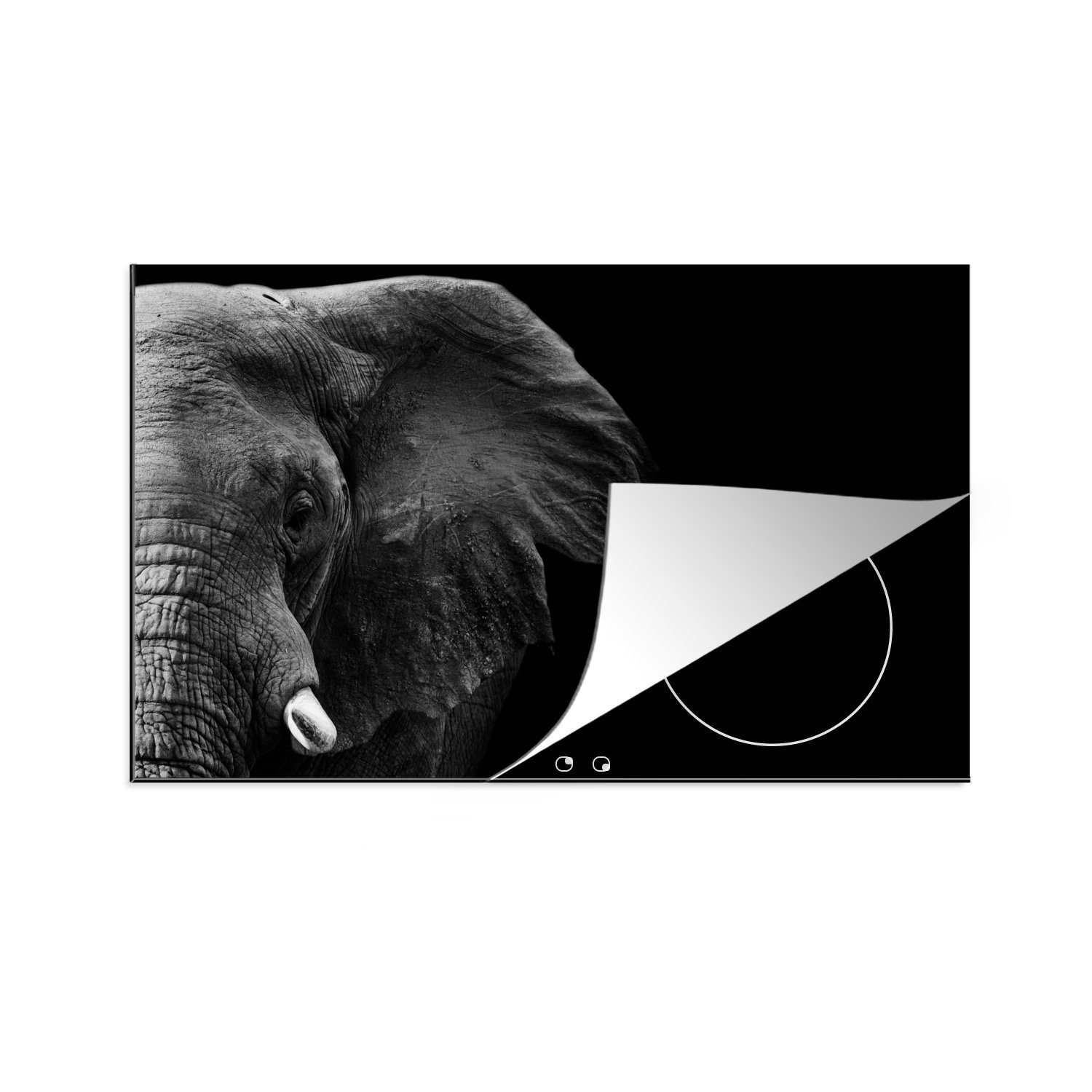 MuchoWow Herdblende-/Abdeckplatte Tiere - Elefant - Wild - Schwarz - Weiß, Vinyl, (1 tlg), 81x52 cm, Ceranfeldabdeckung, Arbeitsplatte für küche