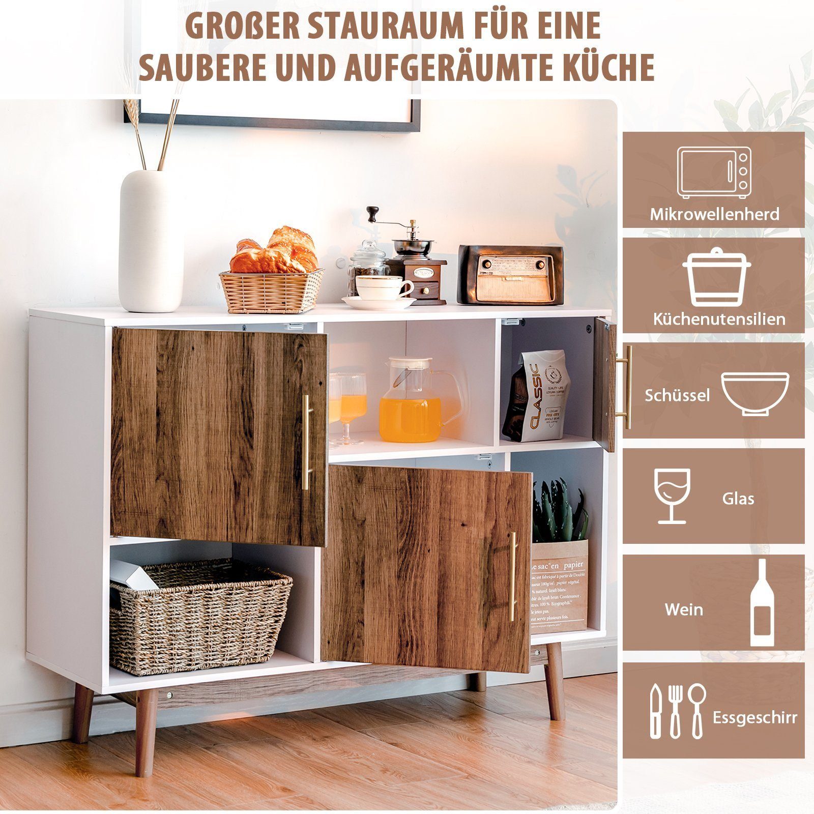 COSTWAY Sideboard, Bücherregal mit Türen & 6 Fächern,102x33x76cm günstig online kaufen