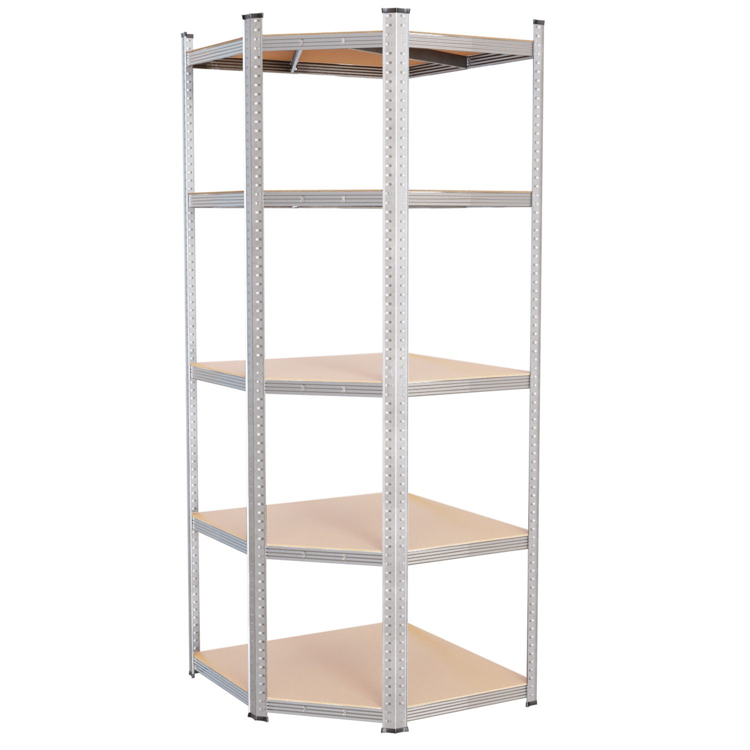 TroniTechnik Regal Schwerlastregal mit 5 Holzböden, edel verzinkt, Eckregal, als Werkbank nutzbar, variable Montage inkl. MFD-Platten und Querstreben, 875kg Belastbarkeit, verzinkte Metallstreben, Wandmontage möglich