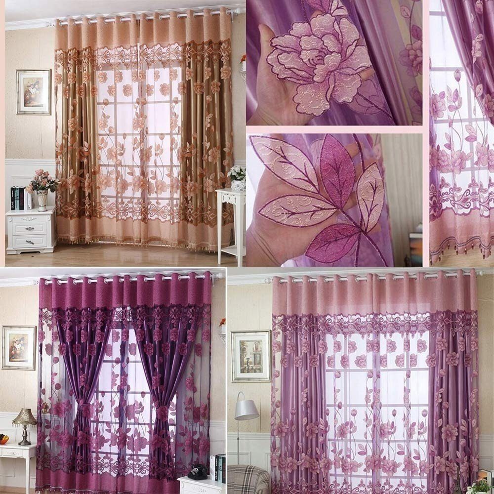 Vorhang Modischer Blumenmuster-Vorhang, Garn, Mehrzweck-Hintergrundvorhänge, Blusmart, einfache Spitze, Fensterschutz coffee