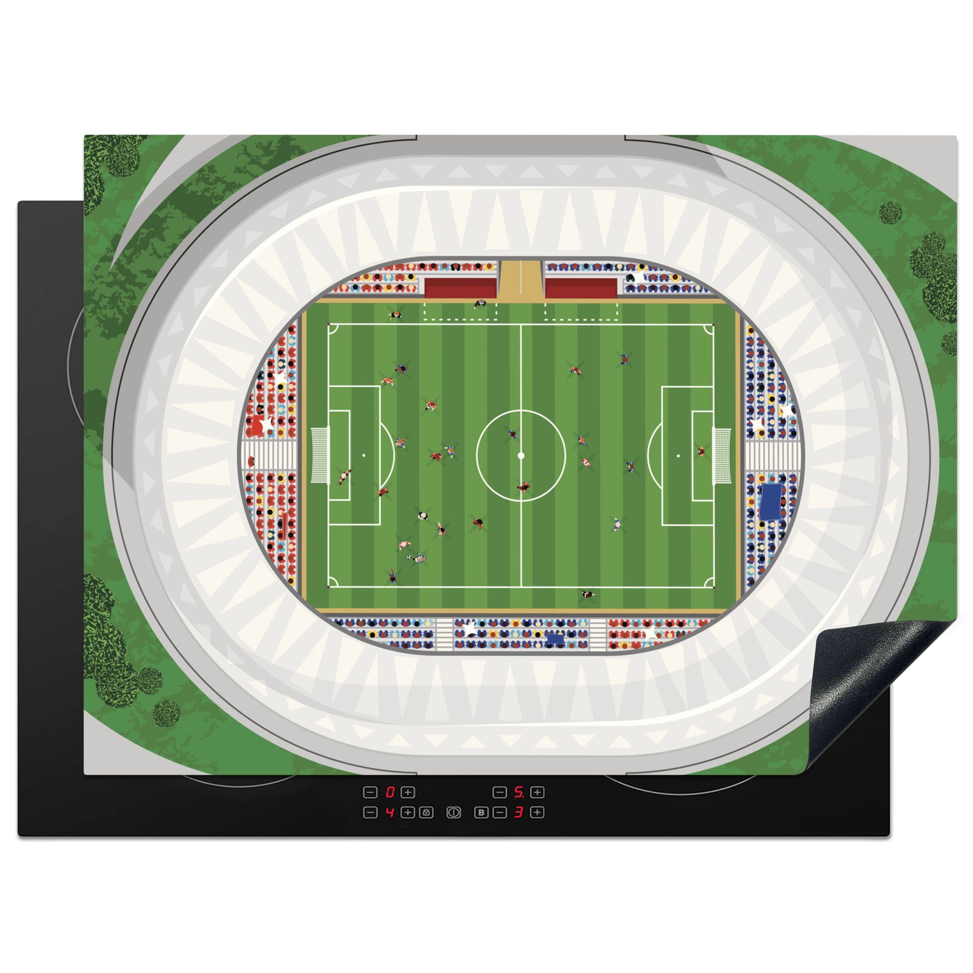 MuchoWow Herdblende-/Abdeckplatte Eine Illustration eines ovalen Fußballstadions, Vinyl, (1 tlg), 70x52 cm, Mobile Arbeitsfläche nutzbar, Ceranfeldabdeckung