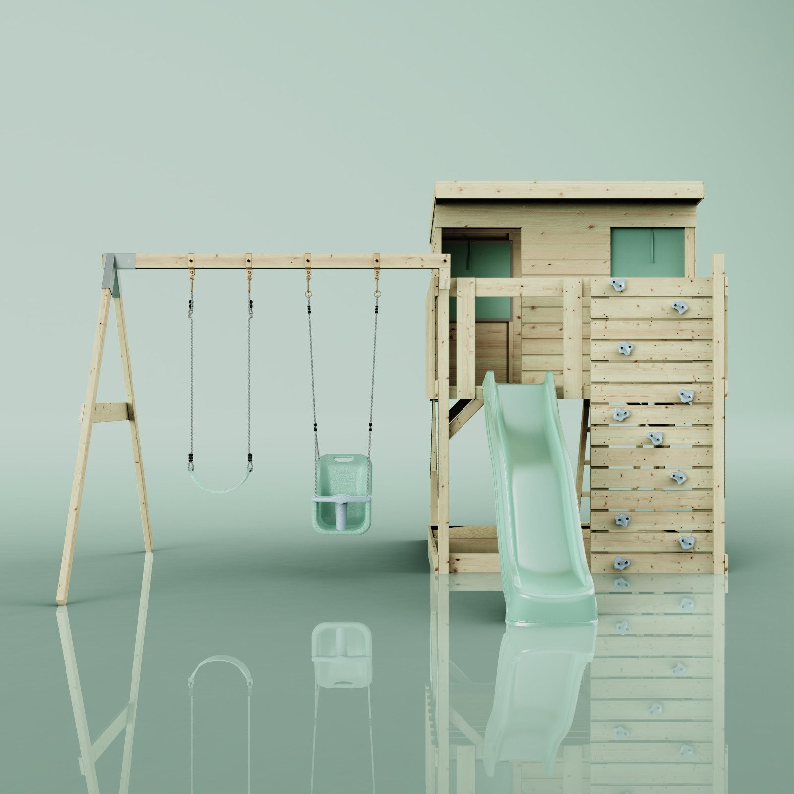 OutdoorToys Spielturm Nils, aus Holz in Mintgrün mit Babyschaukel & Rutsche, Kletterwand