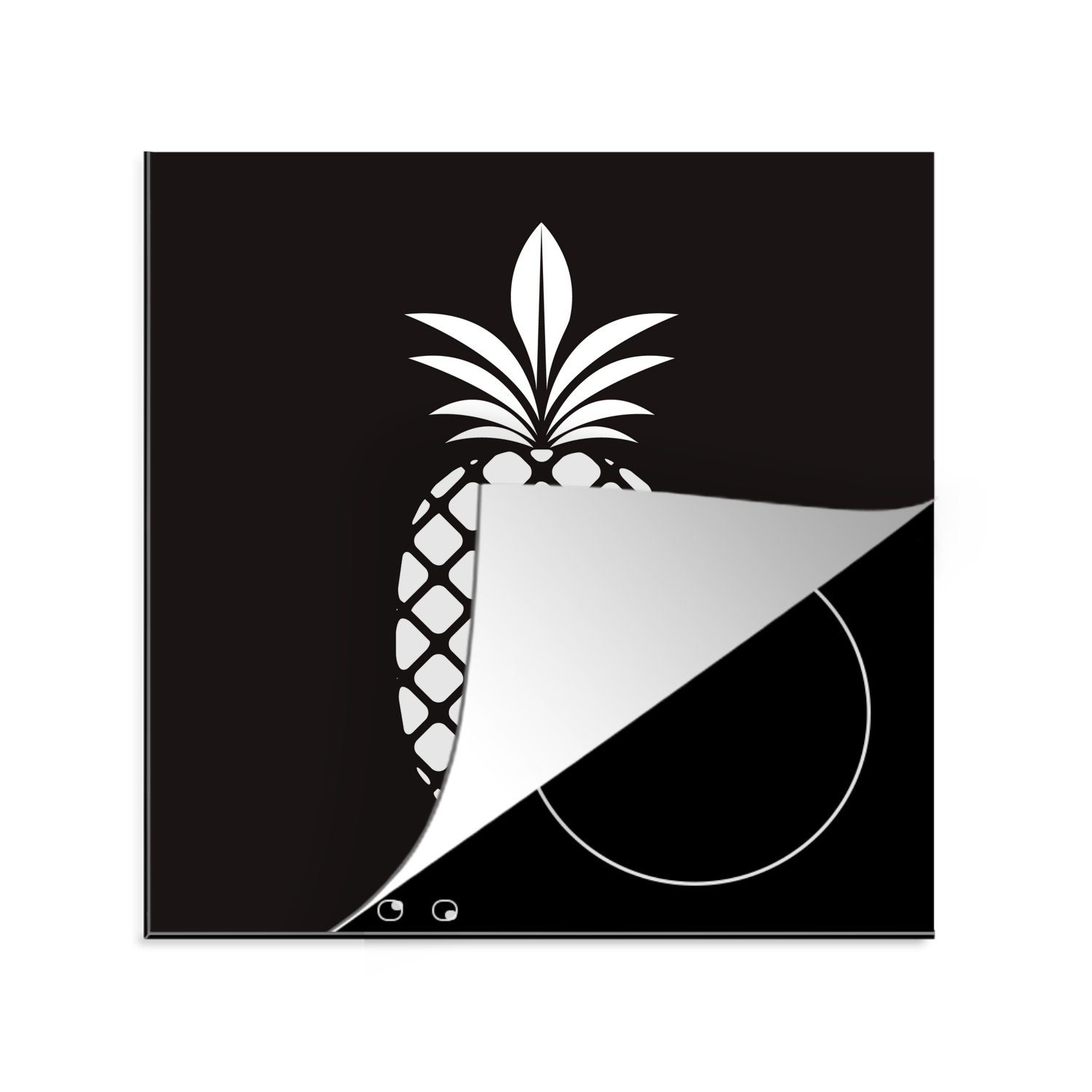 MuchoWow Herdblende-/Abdeckplatte Schwarz-Weiß-Illustration einer Ananas, Vinyl, (1 tlg), 78x78 cm, Ceranfeldabdeckung, Arbeitsplatte für küche