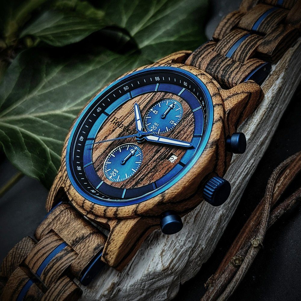 Datum Holzwerk in braun, Chronograph Holz Uhr SEELAND mit Herren Armband blau metallic