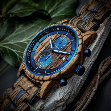 Holzwerk Chronograph SEELAND Herren Holz Armband Uhr mit Datum in braun, metallic blau