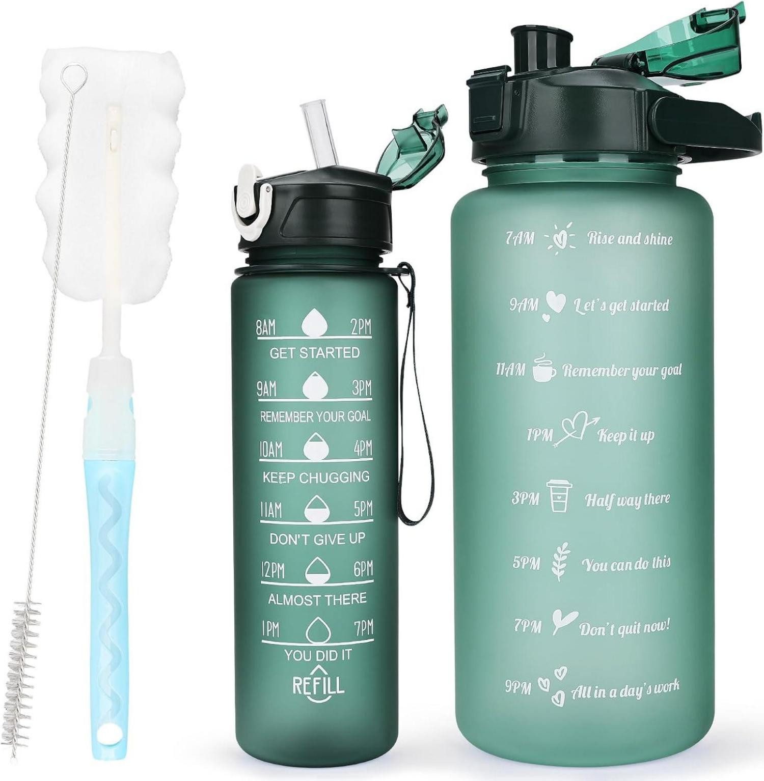 Becher 2er Pack Trinkflasche BPA-frei mit Zeitmarkierung & Strohhalm