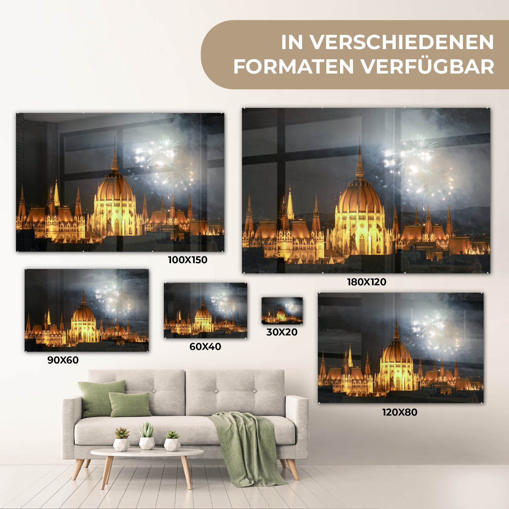 Parlamentsgebäude Acrylglasbilder Schlafzimmer St), ungarischen & der Nacht, Feuerwerk am Acrylglasbild Wohnzimmer (1 MuchoWow in