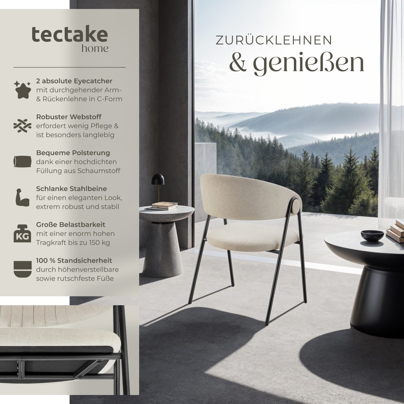 tectake Esszimmerstuhl Armlehnstuhl Bedano, gepolstert, Webstoff, Belastbar günstig online kaufen