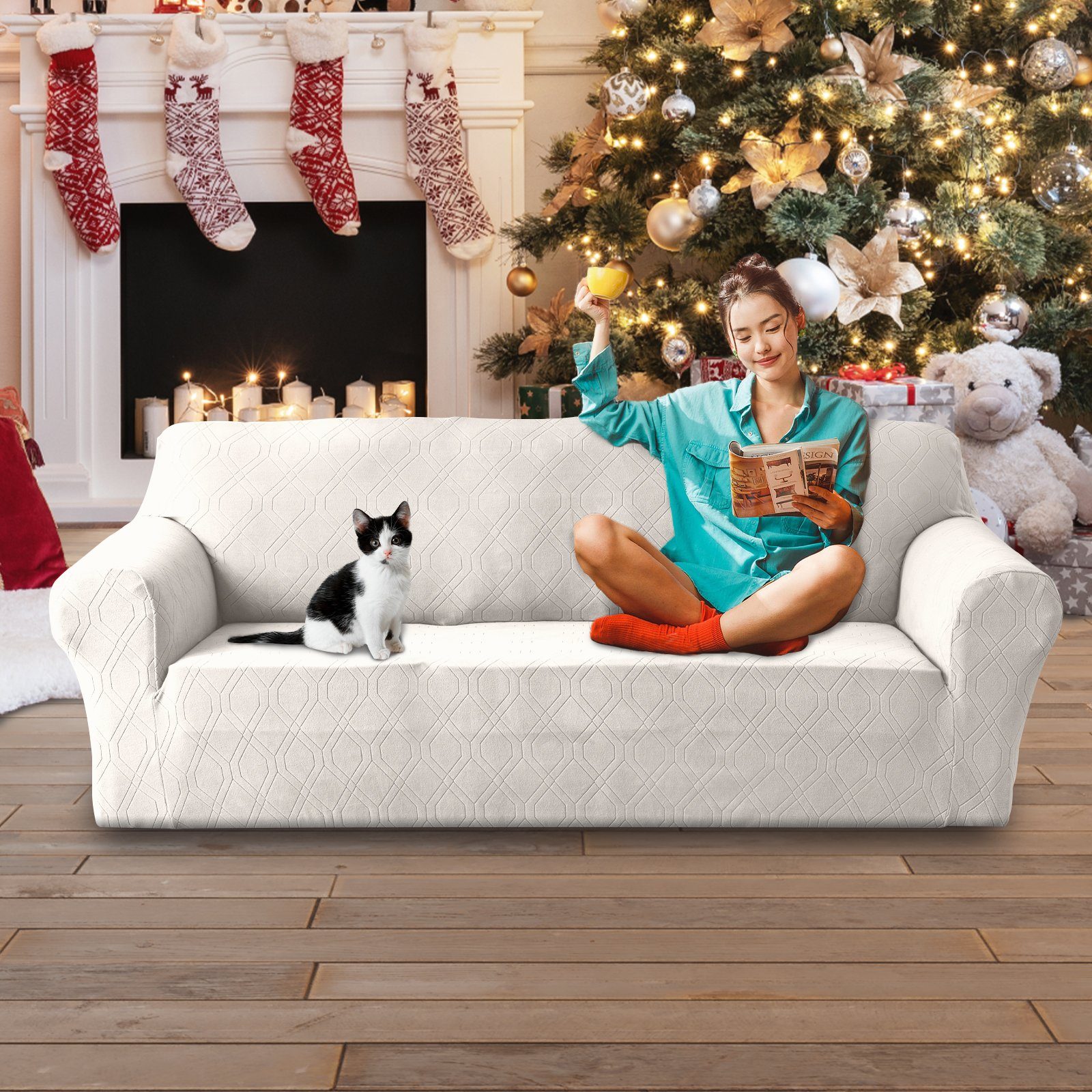 Sofabezug Jacquard, Überzug, Elastische Couchbezug mit Anti-Rutsch-Schaumstoffe, Sunicol, 1/2/3/4 Sitzer, Sofabezüge für Hunde Katzen und Haustiere Elfenbein