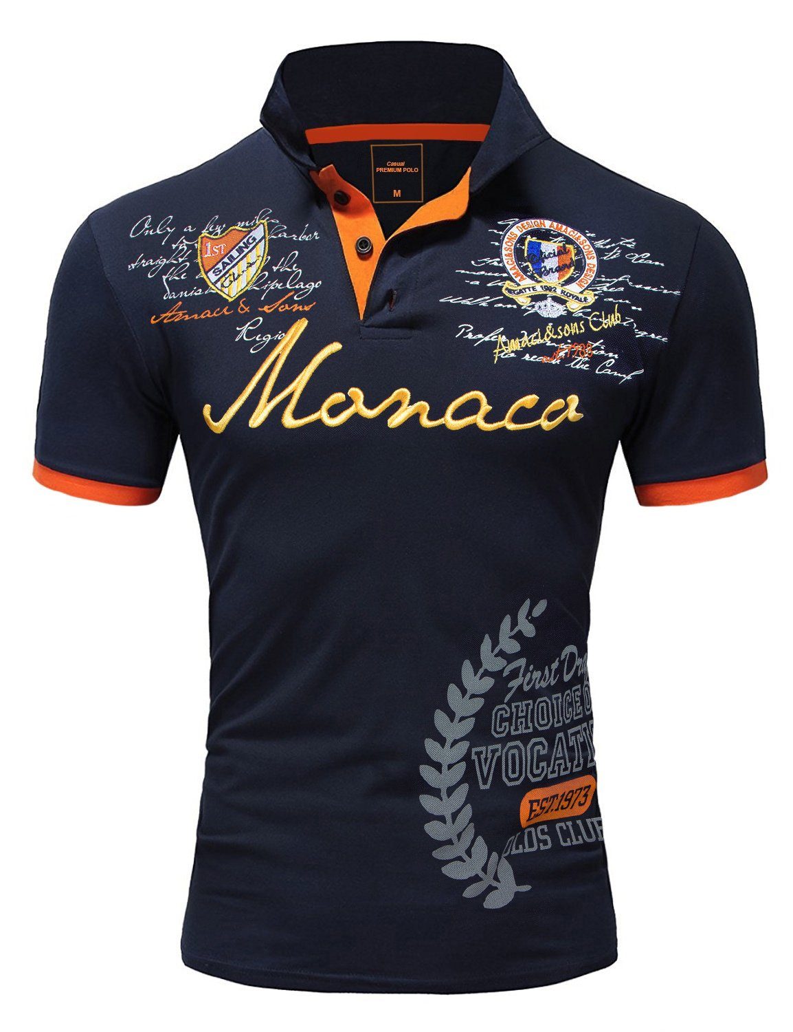 Amaci&Sons Poloshirt Monaco Kurzarm Poloshirt mit Stickerei Herren Basic Kontrast Monaco Stickerei Kurzarm Polohemd T-Shirt Navyblau