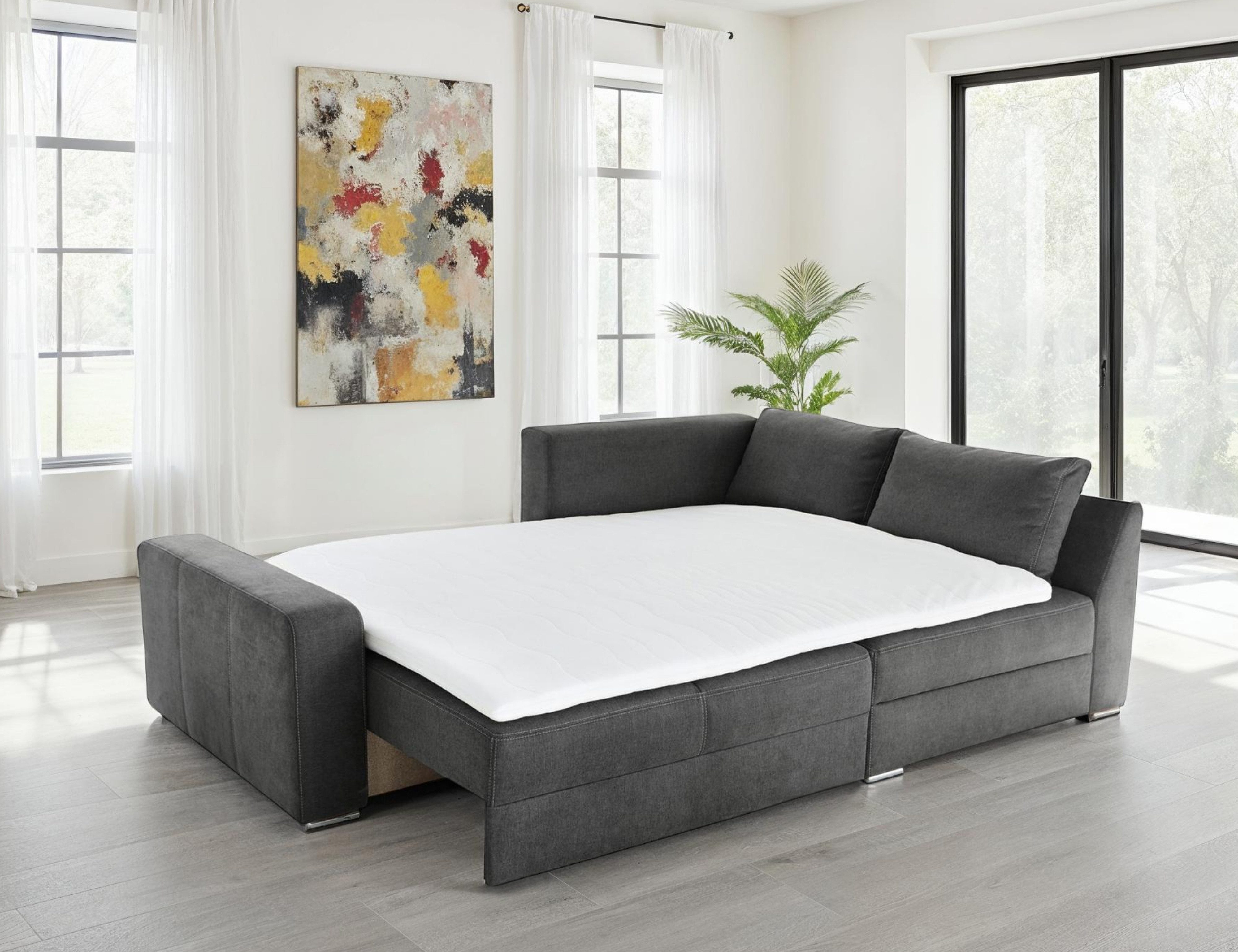 luma-home Ecksofa 15107, Dauerschläfer B260/T181/H88 cm mit 2 Bettkästen, Ottomane links oder rechts montierbar, Federkern, Boxspring, Kaltschaum-Topper, Mikrofaser in Dunkelgrau