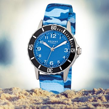 Regent Quarzuhr Regent Kinder-Armbanduhr blau Analog F-940, (Analoguhr), Kinder Armbanduhr rund, klein (ca. 29mm), Textil, Stoffarmband