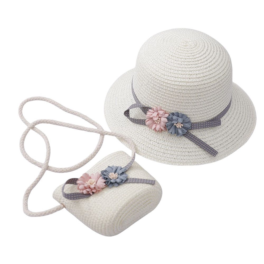 Coonoor Strohhut Mädchen Kinder Sommer Sonnenhut und Strandtasche Set für den Urlaub Reise Outdoor-Aktivitäten