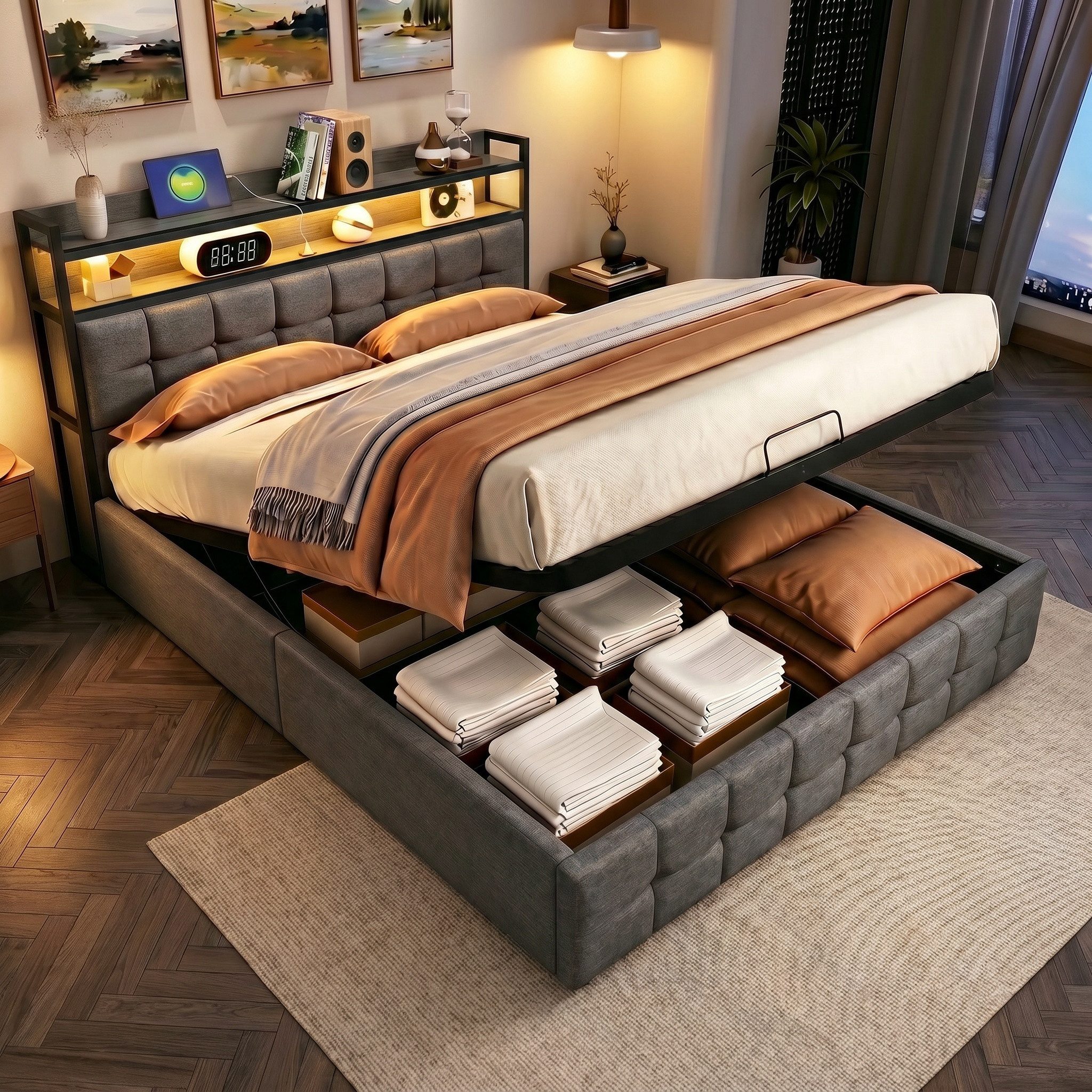 Gdood Polsterbett Stauraumbett Doppelbett LED (1 tlg., Inkl. Bettkasten), Mit LED-Beleuchtung, Ladefunktion,Leinen, 140x200 cm