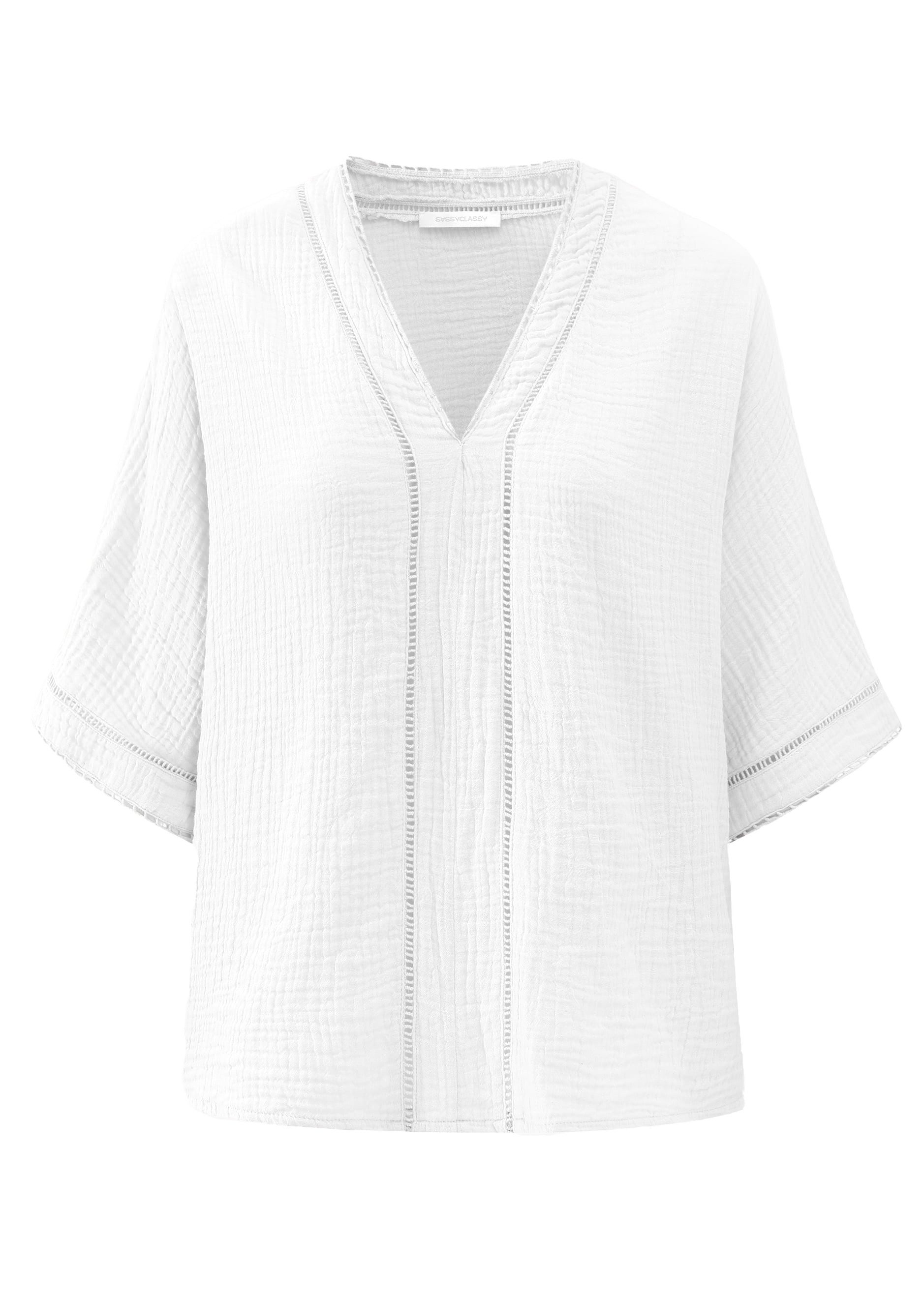 SASSYCLASSY Langarmbluse Musselinbluse mit Spitzeneinsatz für Damen Luftiges Shirt aus Baumwolle mit V-Ausschnitt Weiß Beige Flieder Grün