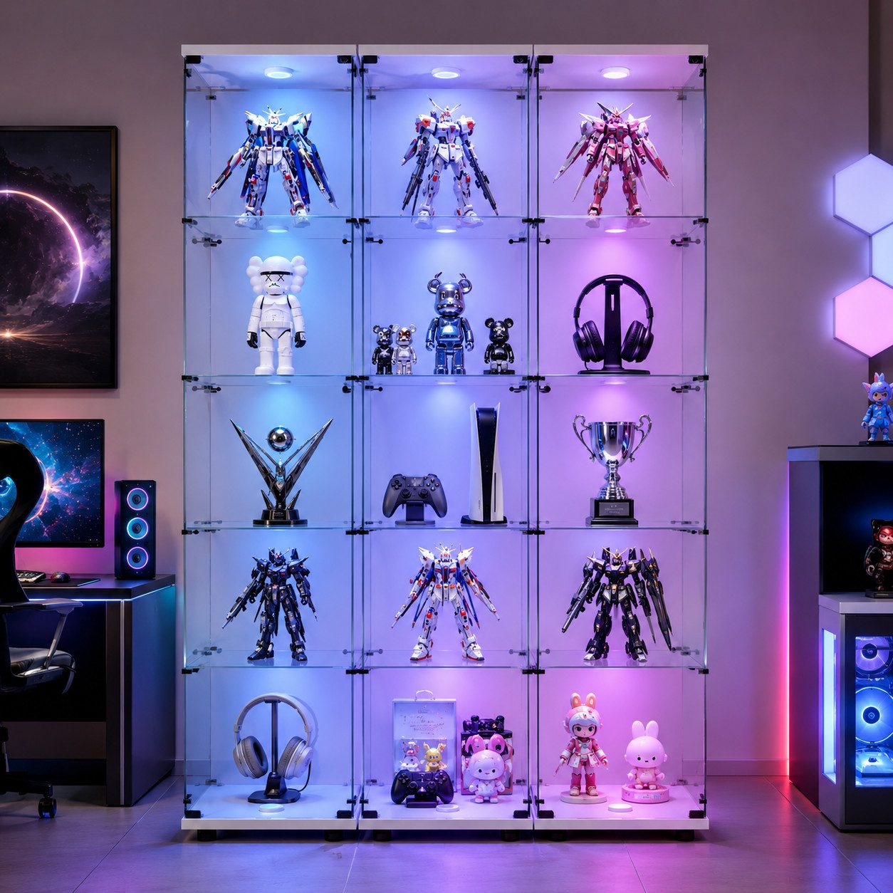 Simurq Glasvitrine glasvitrine,vitrinenschrank,vitrine mit LED,4 lagen sammlervitrine (Packung, Sammlervitrine Schauvitrine mit türen und Schloss, Gehärtetes Glas) LED-Streifenbeleuchtung; Mit Schloss