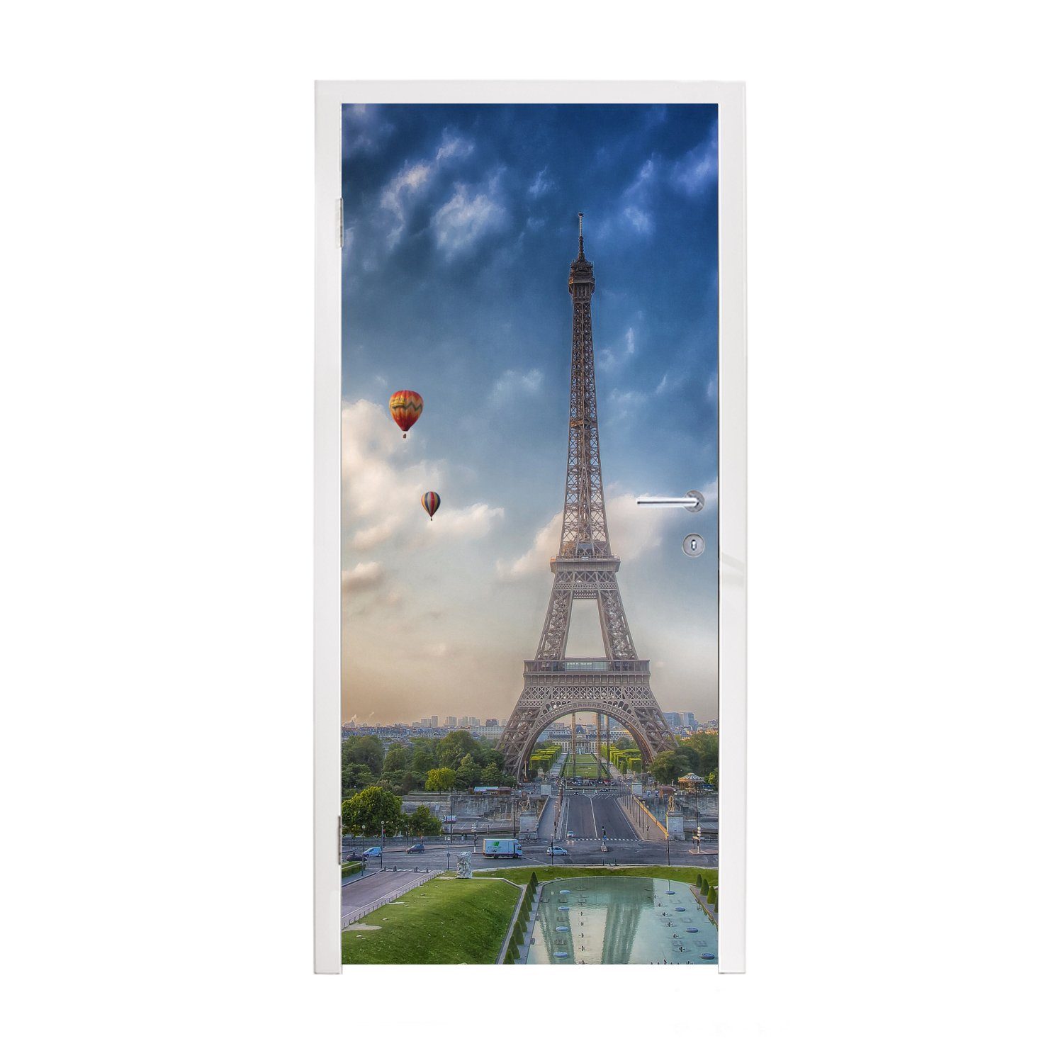 MuchoWow Türtapete Der Eiffelturm mit Heißluftballons im Hintergrund über Paris, Matt, bedruckt, (1 St), Fototapete für Tür, Türaufkleber, 75x205 cm