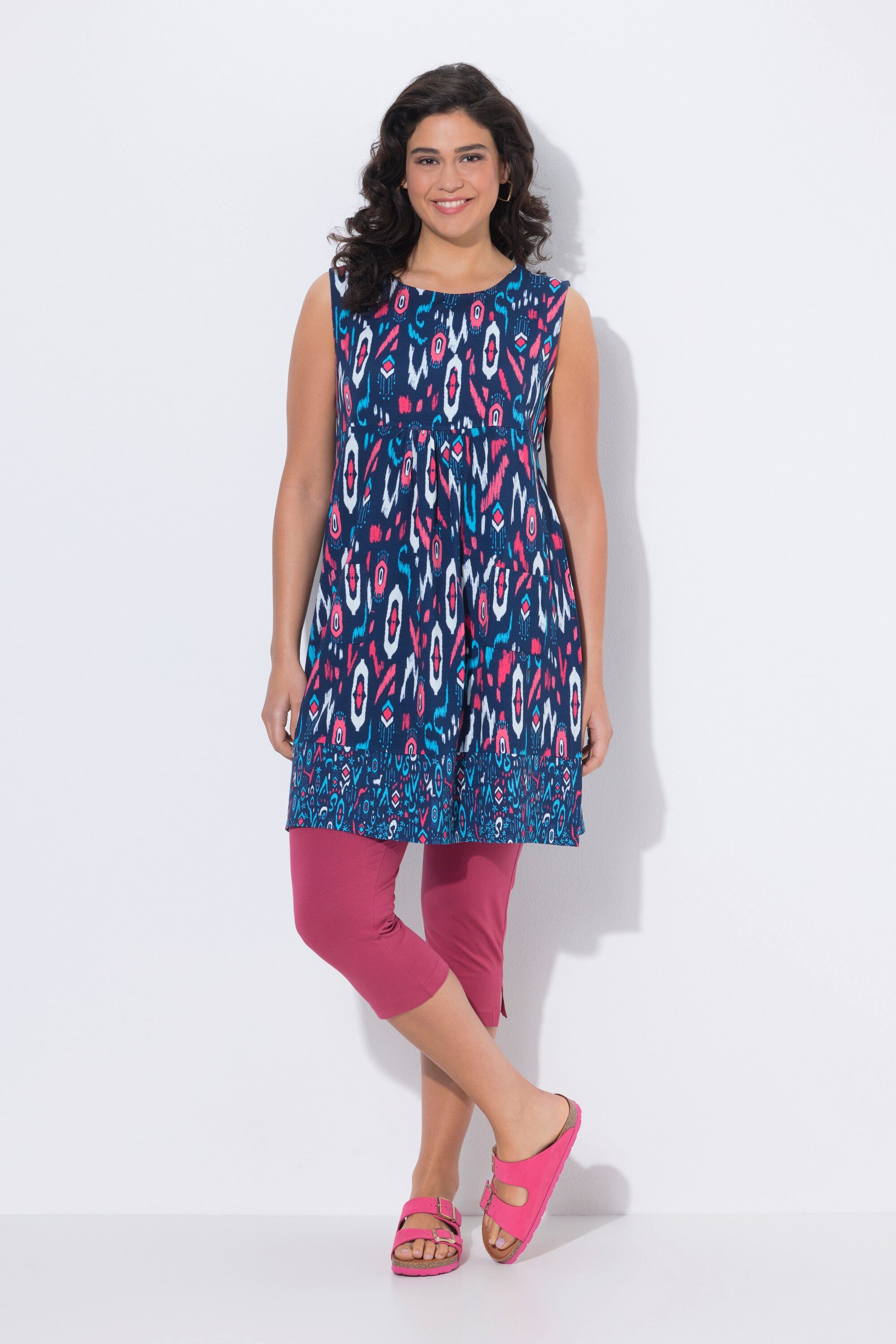 Ulla Popken Minikleid Jerseykleid Bordüre A-Linie Rundhals ärmellos