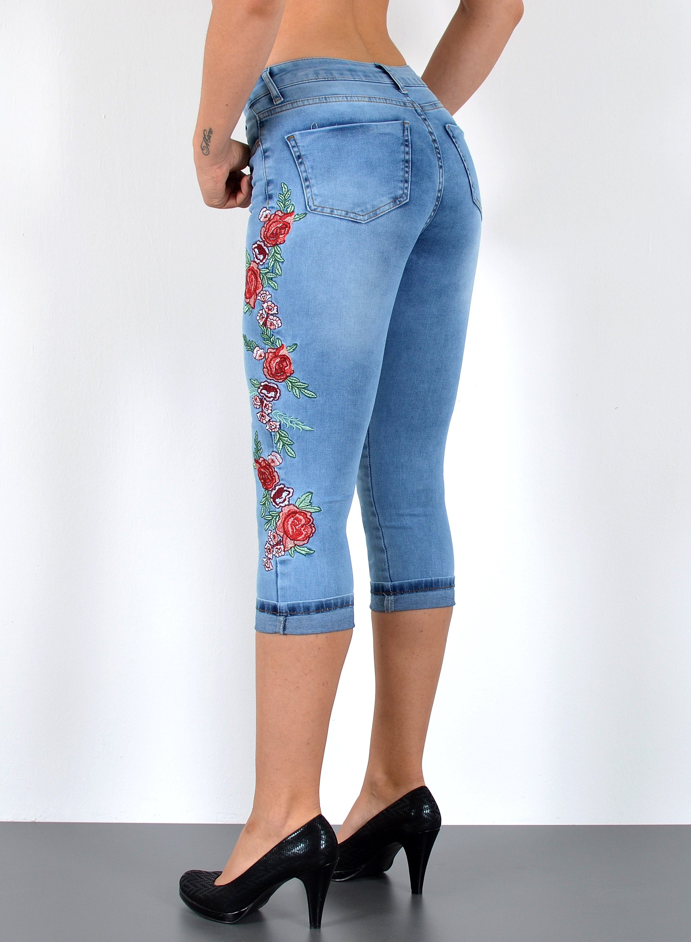 ESRA Caprijeans Damen Jeans Capri Hose High Waist Jeans Damen mit hoher Leibhöhe J374 3/4 Jeans Damen Capri Sommer-Hose Jeans Shorts Damen kurze Jeans