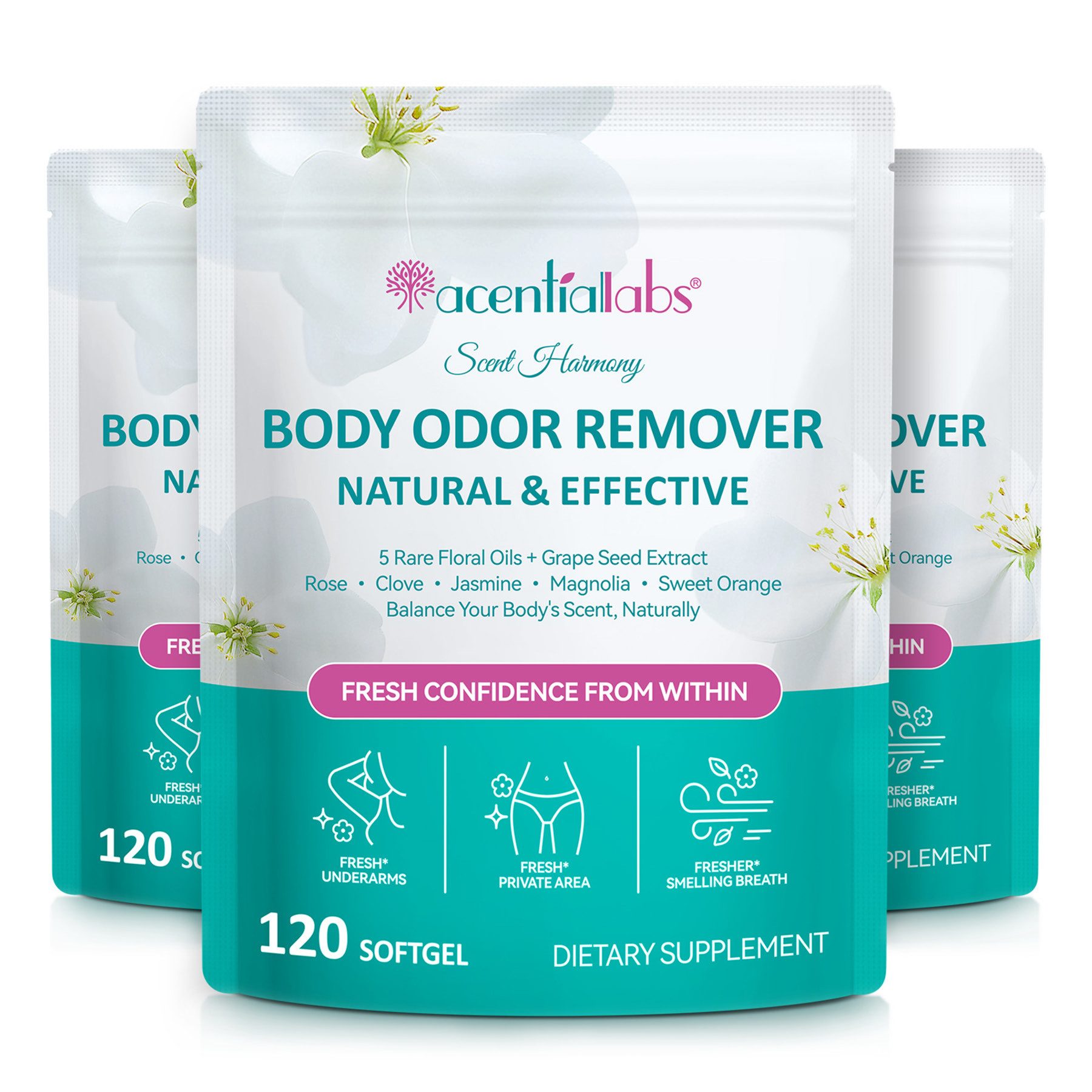 Acentiallabs Anti Körpergeruch Intimgeruch Entferner Interne Deodorant Blütenölen Softgels, Anti-Aging, Gesundheit der Atemwege, Mundgesundheit