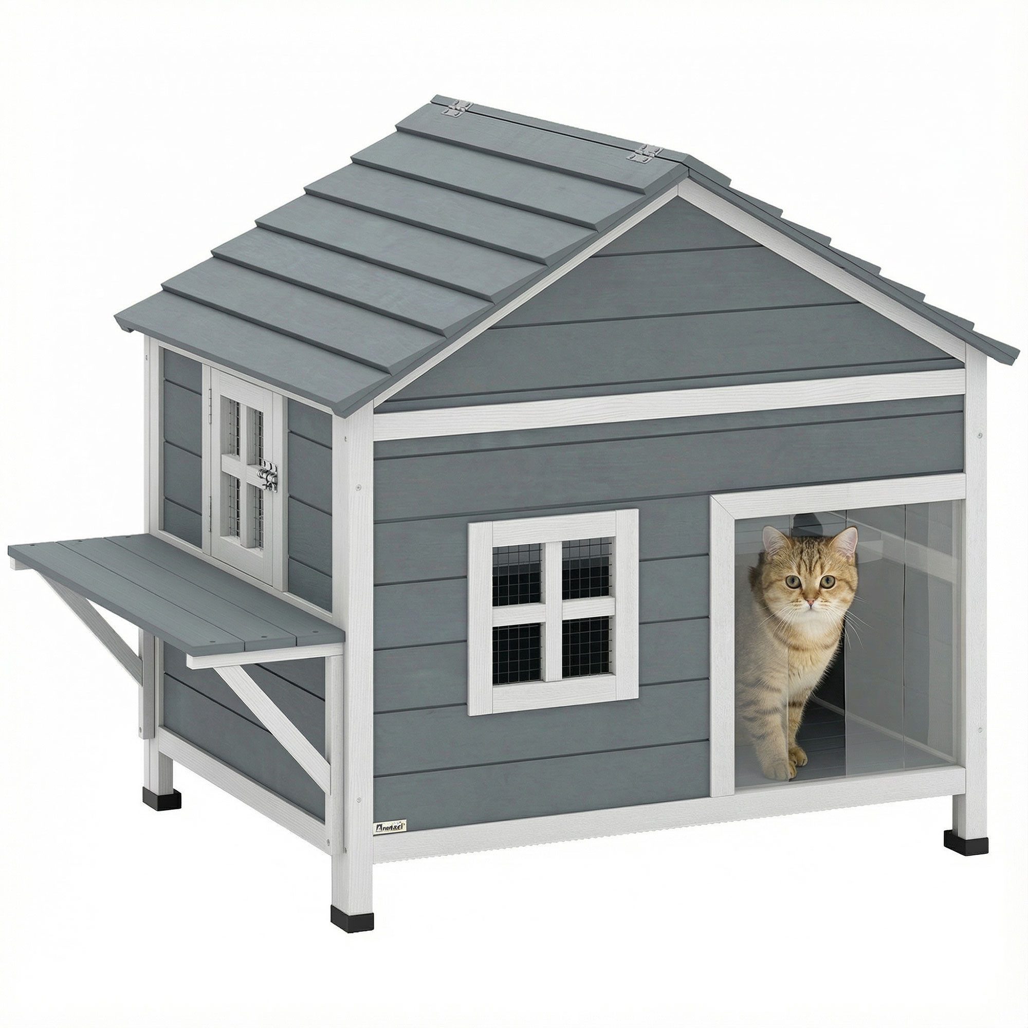 PawHut Tierhöhle Katzenhaus aus Holz mit wasserdicht aufklappbar Dach, Plattform, für 1-2 Katzen bis 5 kg, 101x72,5x81cm, Grau