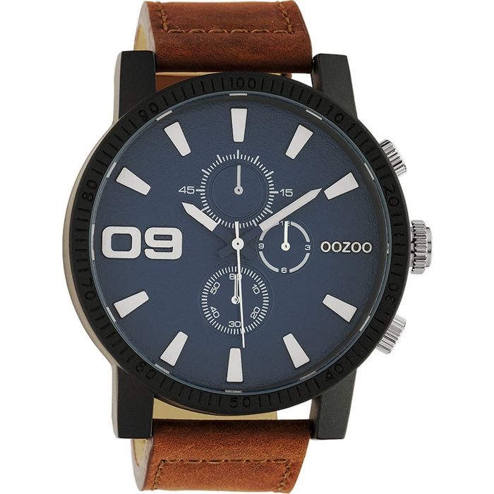 OOZOO Quarzuhr Oozoo Herren Armbanduhr blau Analog (Armbanduhr) Herrenuhr rund extra groß (ca. 50mm) Lederarmband Casual-Style